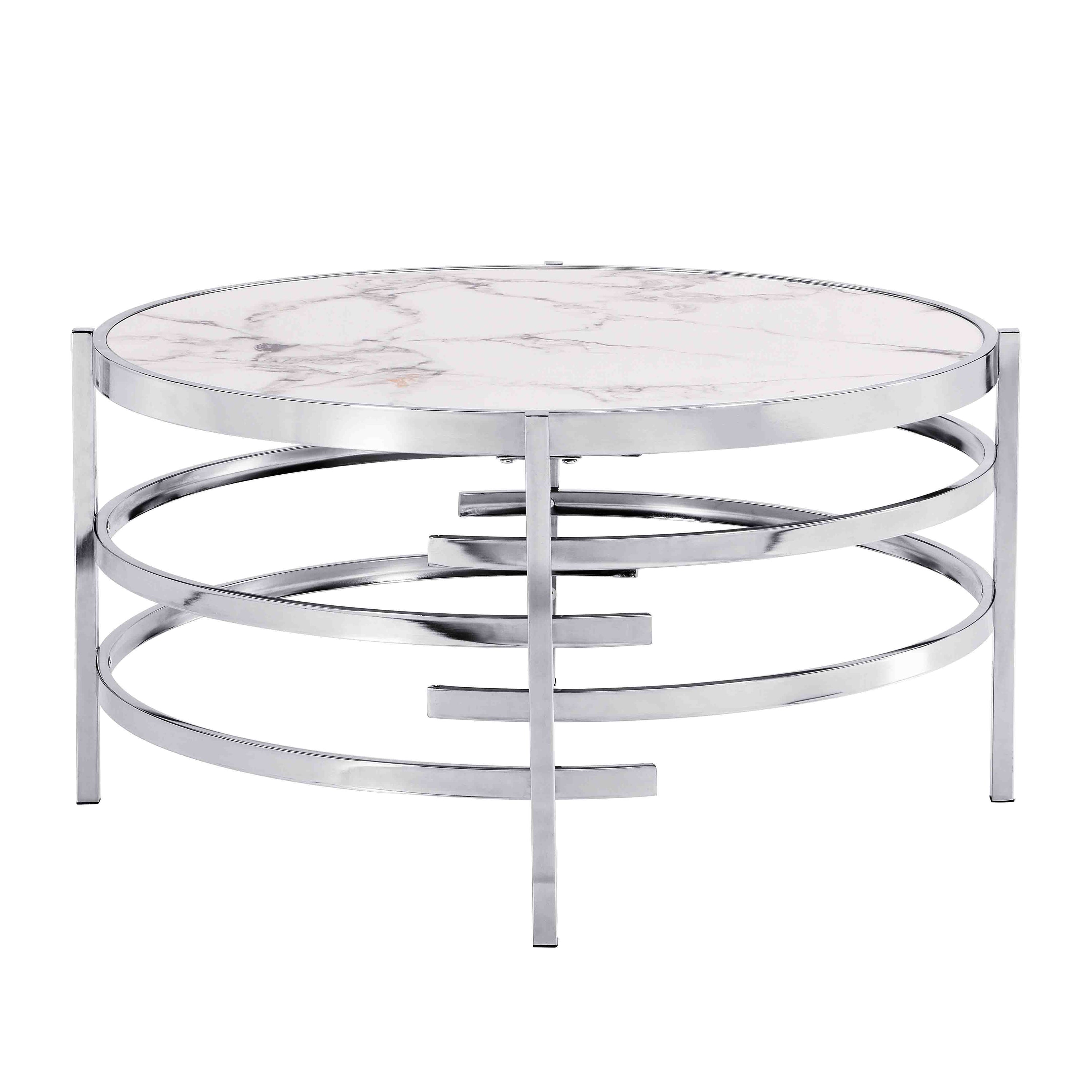 32.48'' Chrome Round Coffee Table With Sintered Stone Top & Sturdy Metal Frame, Modern Coffee Table For Living Room - Silver