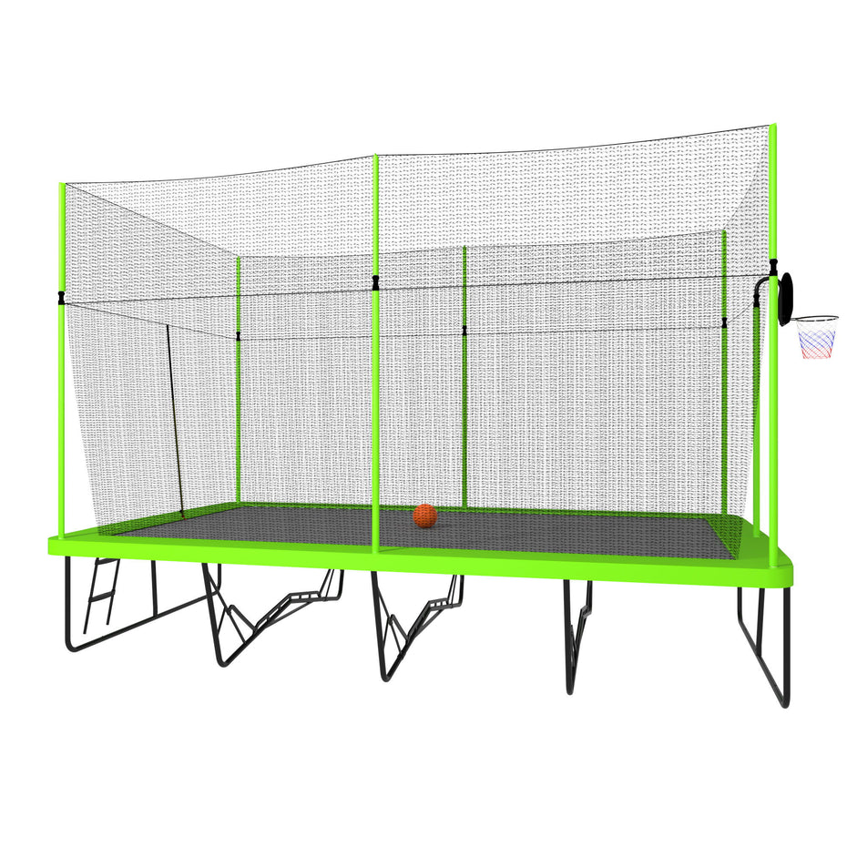 10Ft By 17Ft Rectangule Trampoline With Powder-Coated Galvanized Steel Tubes With Basketball Hoop System Advanced Ladder - Green