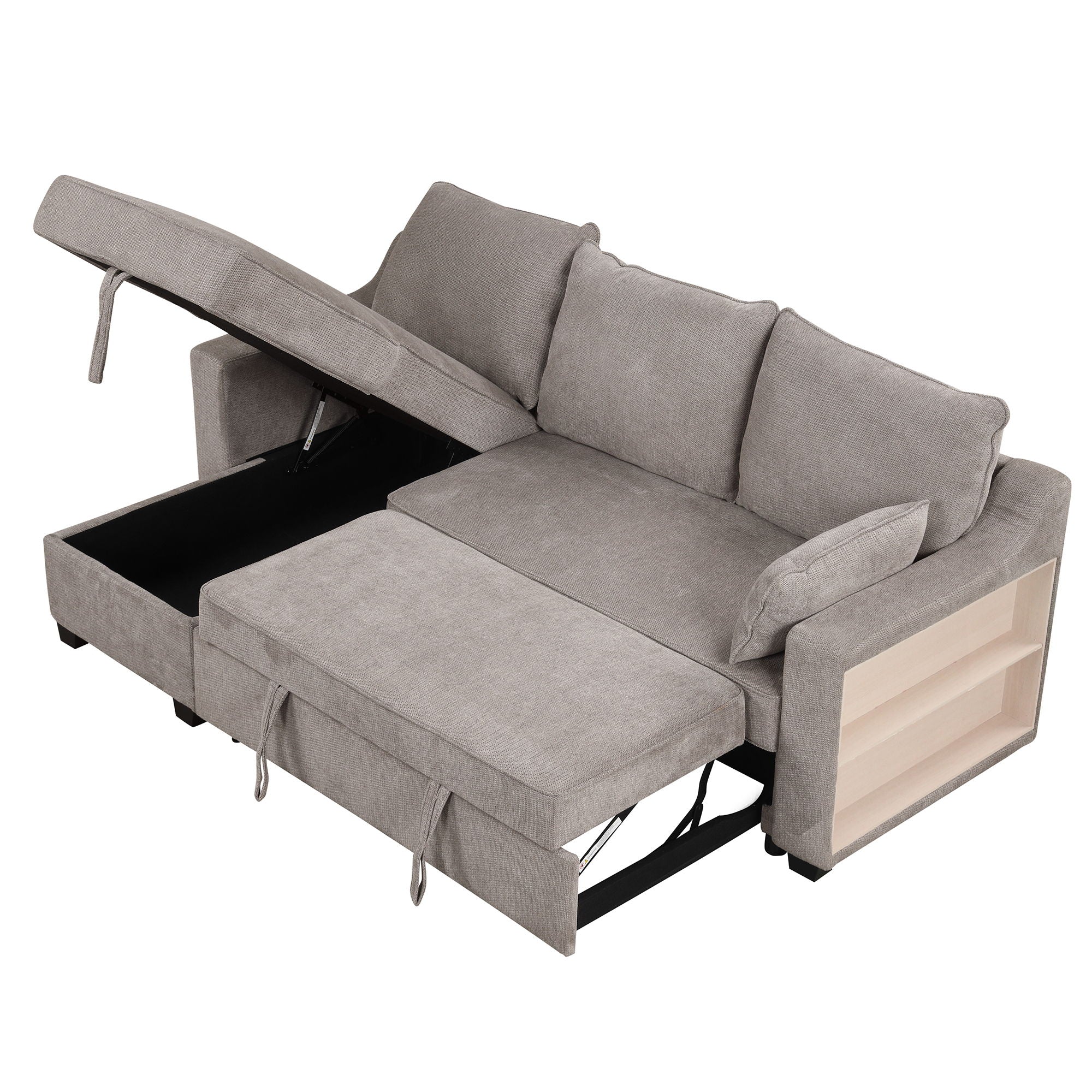 Pull Out Sleeper Sofa L-Shaped Couch Convertible Sofa Bed With Storage Chaise, Storage Racks And USB Ports