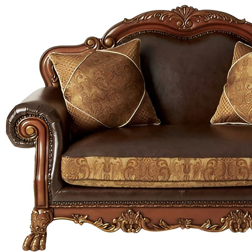 Chenille Faux Leather And Cherry Oak Love Seat - Brown