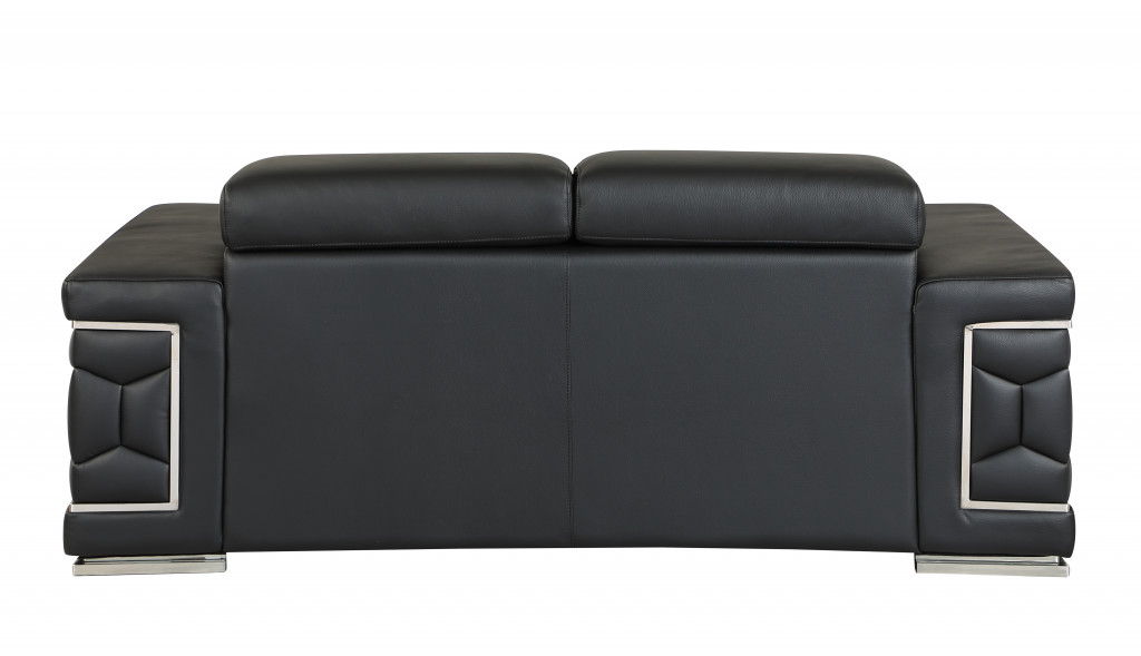 Genuine Leather Love Seat - Black / Silver