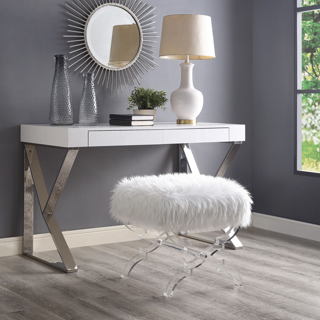 Faux Fur Ottoman - White / Clear