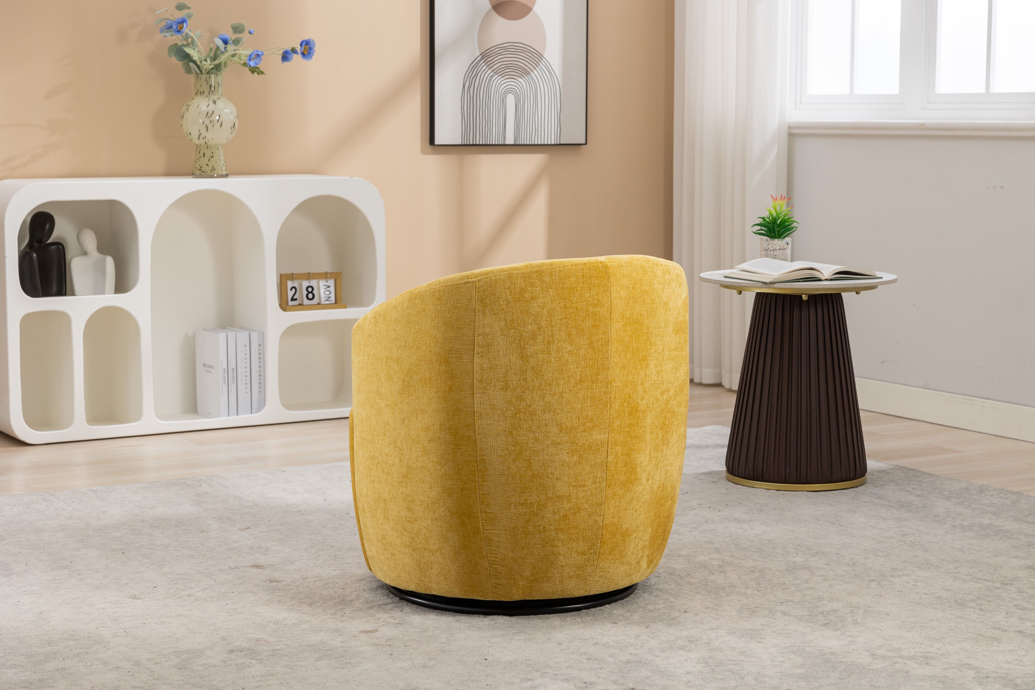 Chenille Fabric Swivel Accent Armchair Barrel Chair With Powder Coating Metal Ring