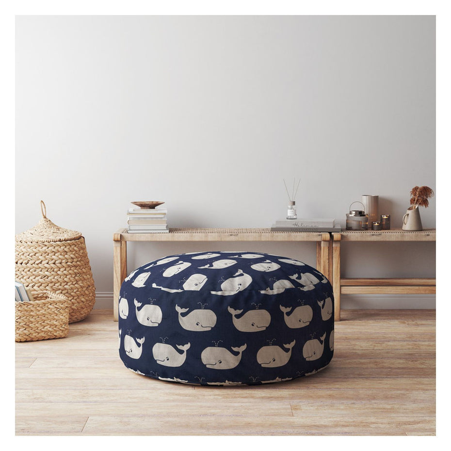 Twill Round Animal Print Pouf Ottoman - Blue / White