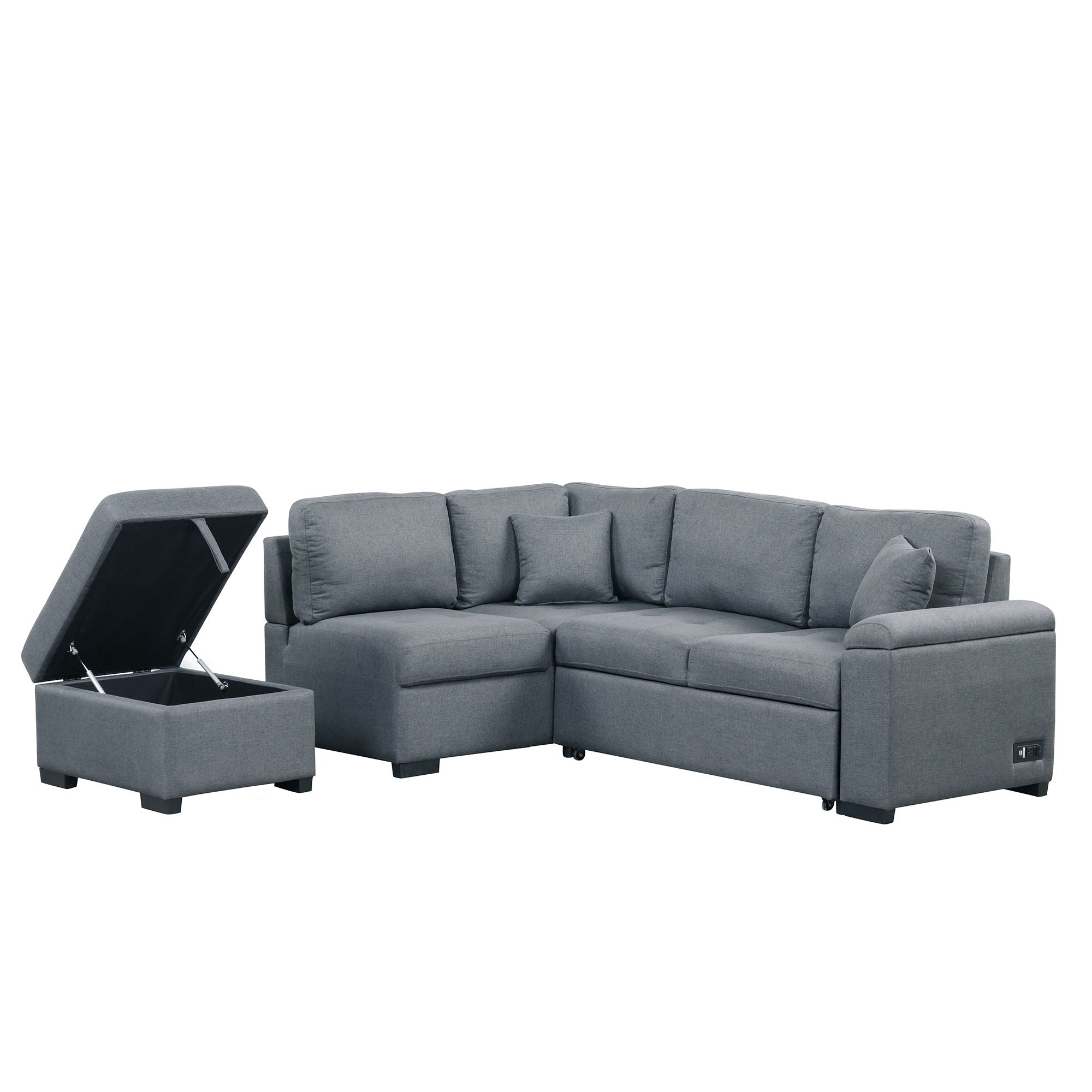 Sleeper Sectional Sofa, L-Shape Corner Couch Sofa Bed With Storage Ottoman & Hidden Arm Storage & USB Charge For Living Room Apartment