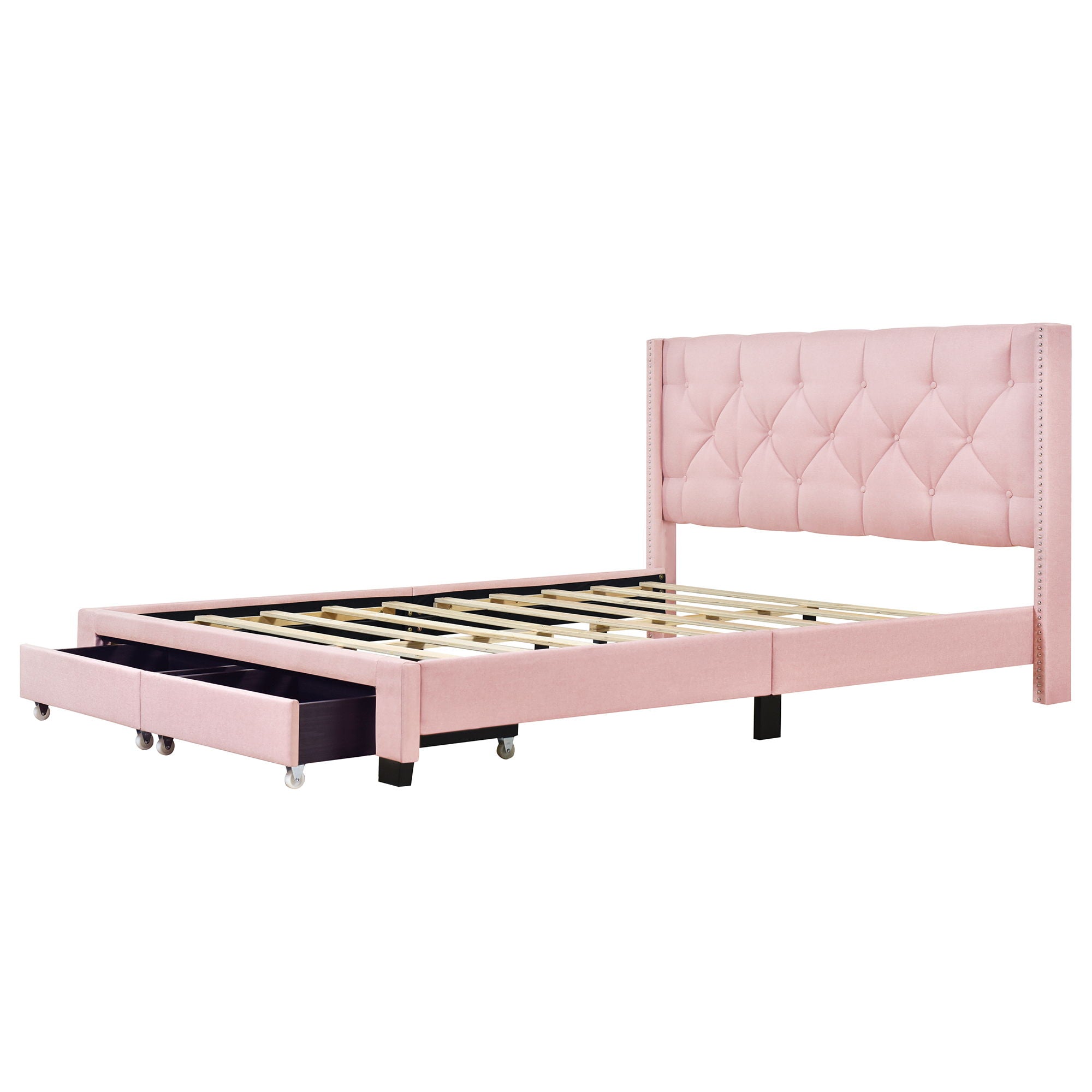 Queen Size Storage Bed Linen Upholstered Platform Bed With Two Drawers - Pink