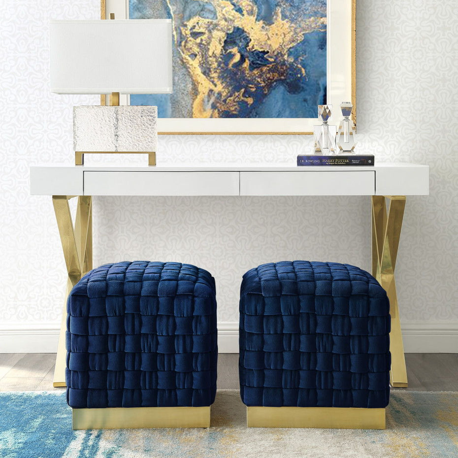 Velvet Ottoman - Navy Blue / Gold