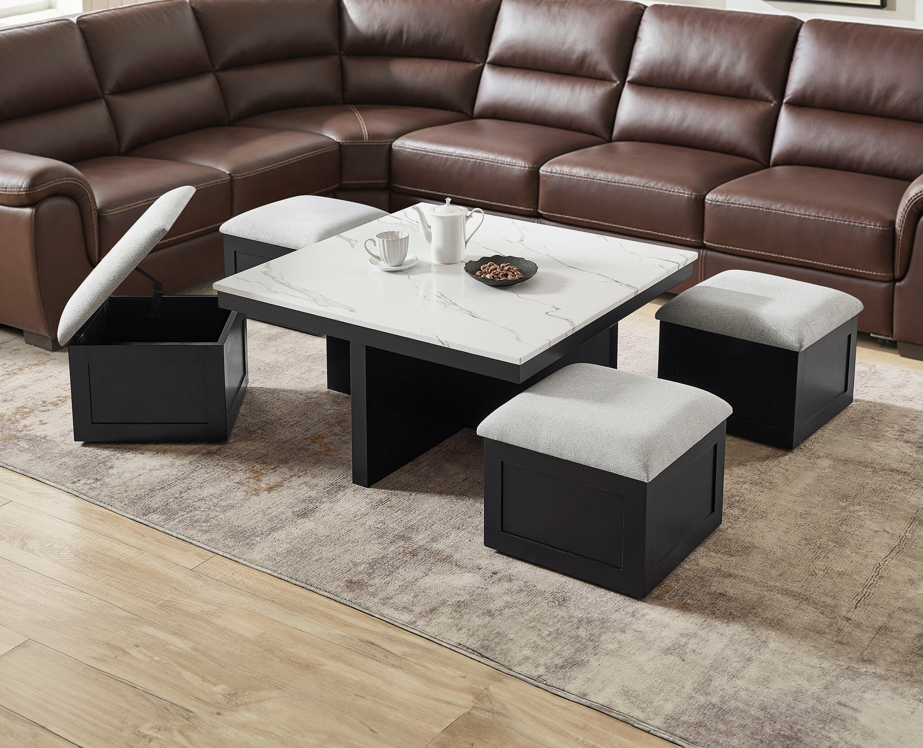 Marta Coffee Table W/4 Storage Ottomans-4131SET | BEL Furniture
