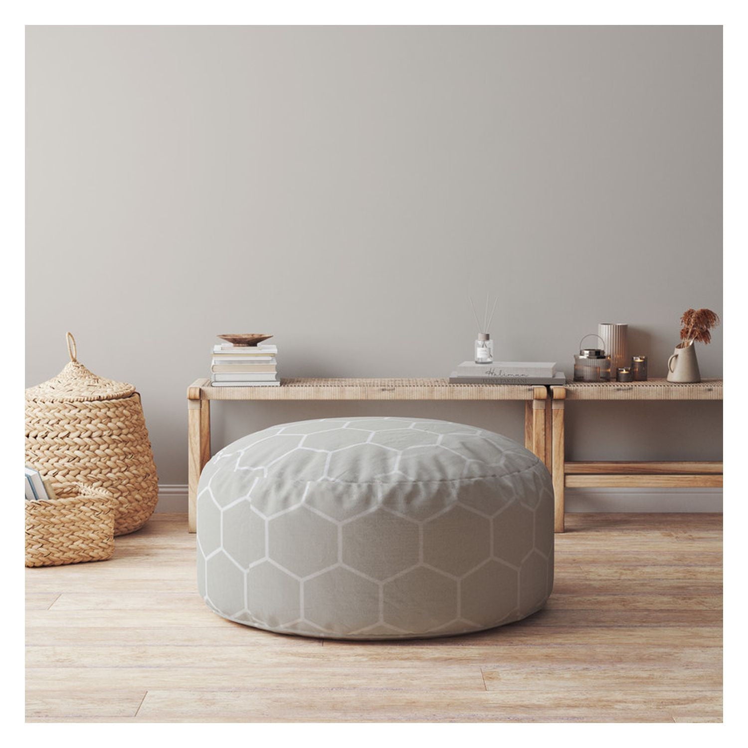 Cotton Round Geometric Pouf Ottoman - Gray