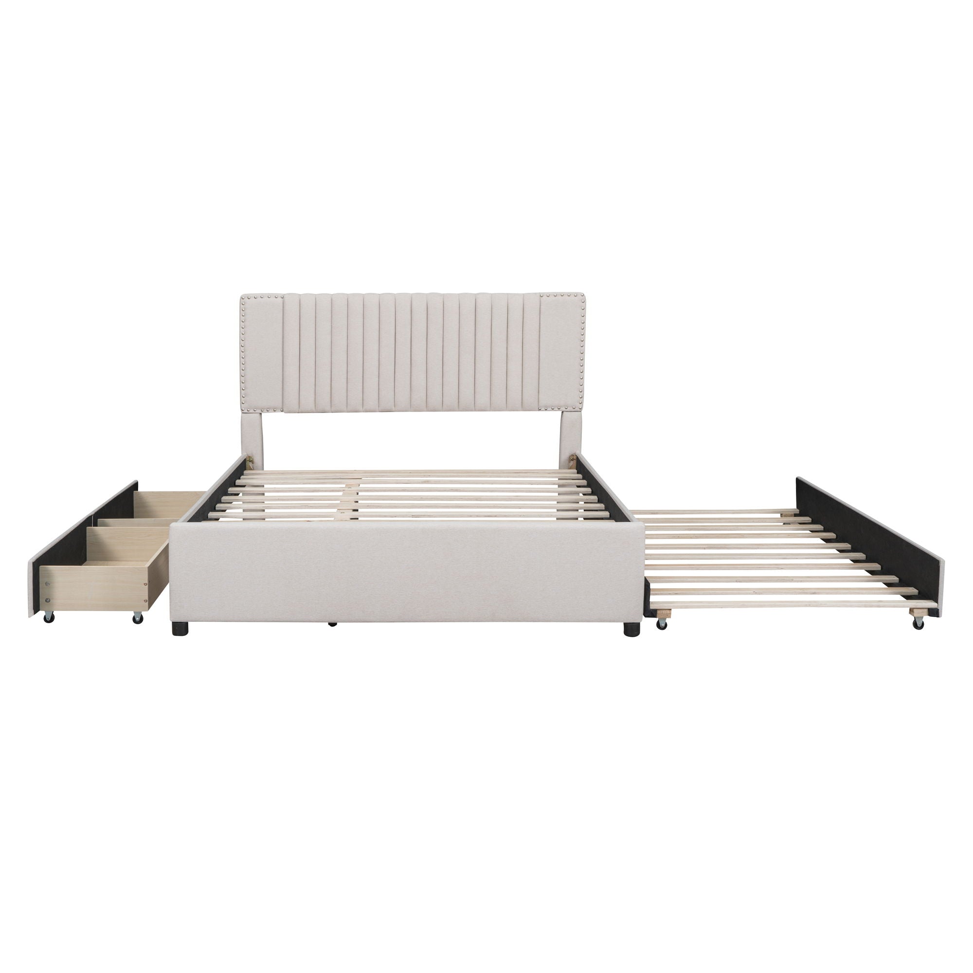 Upholstered Platform Bed With 2 Drawers And 1 Trundle, Classic Headboard Design