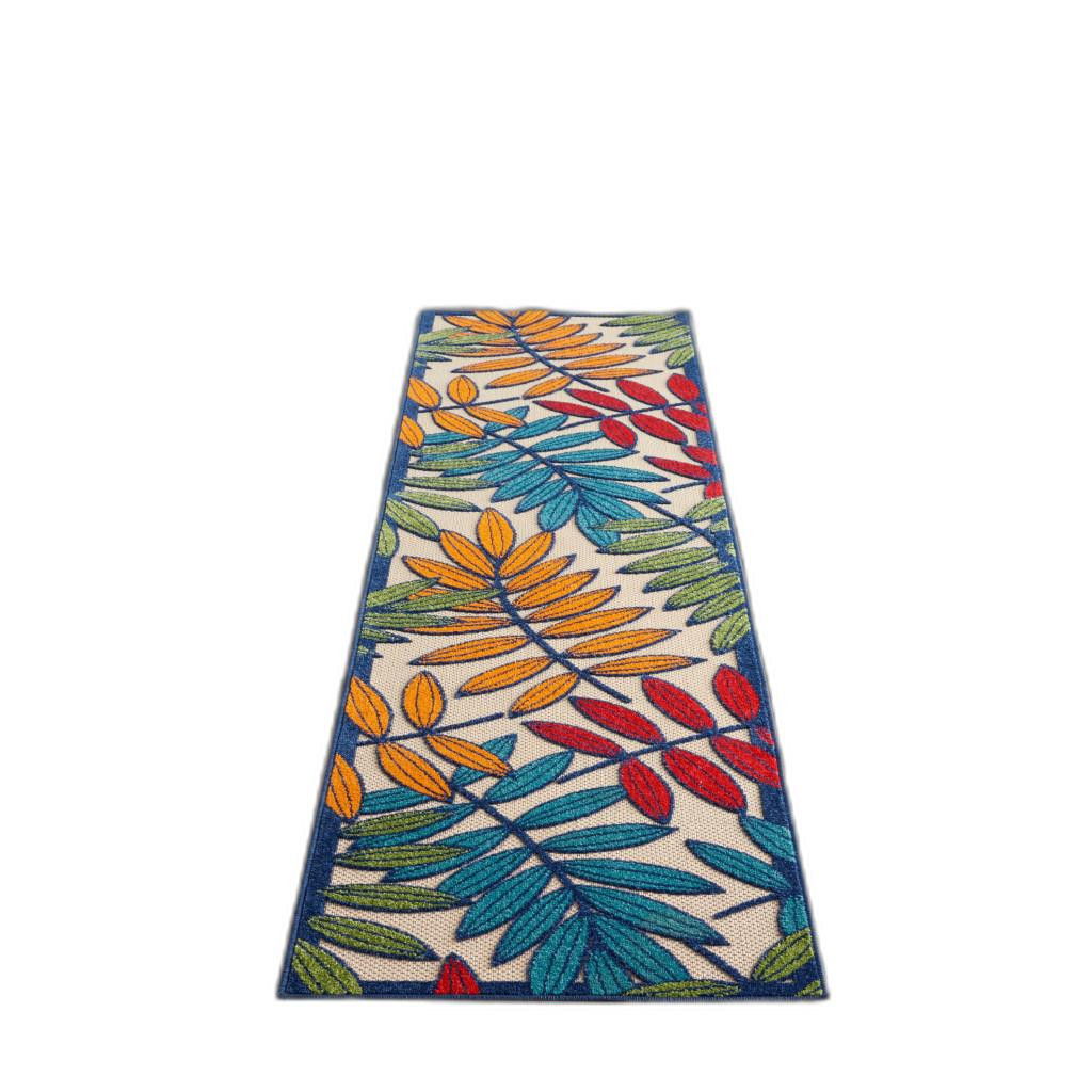 2' X 10' Floral Indoor & Outdoor Area Rug - Ivory / Blue