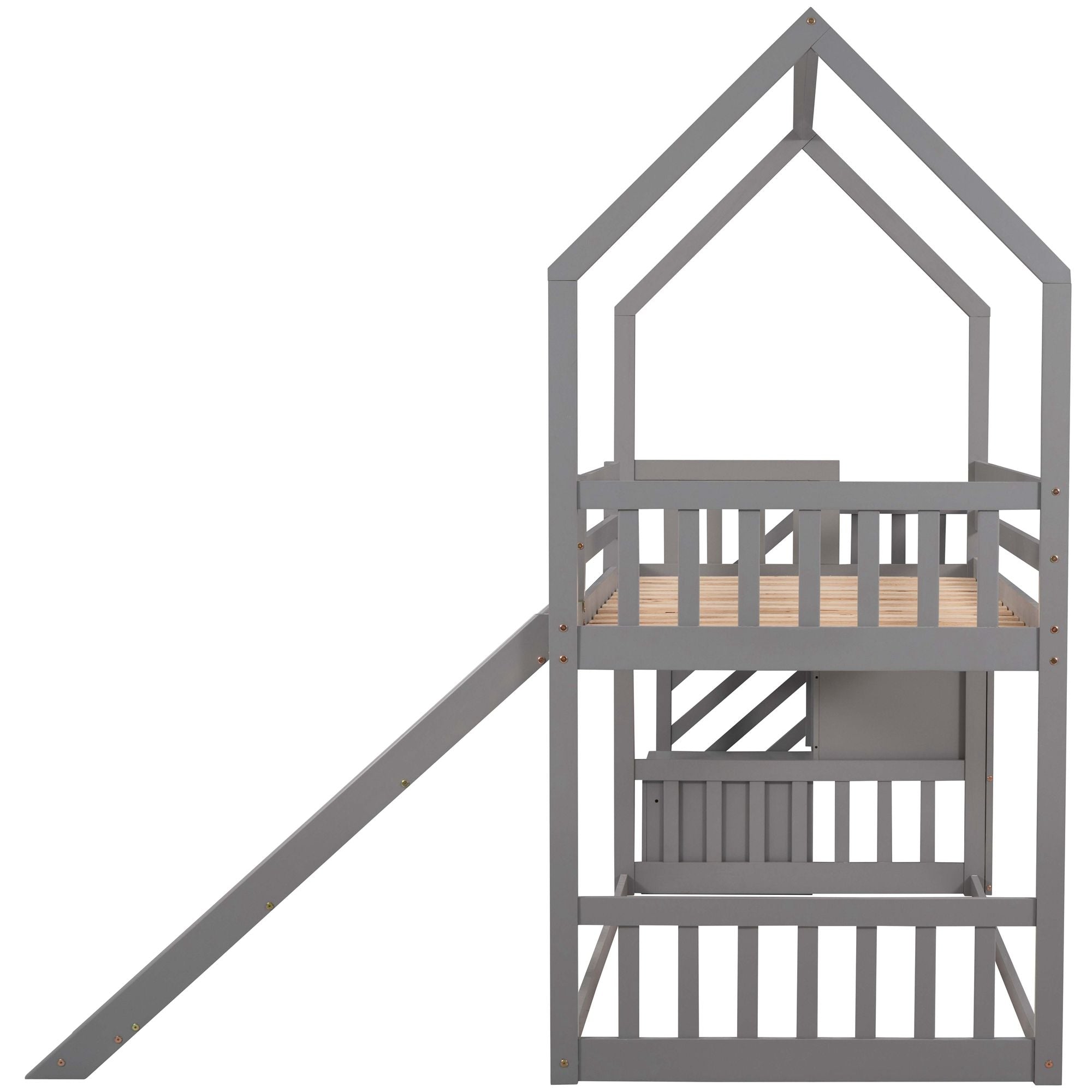 Twin Over Twin House Bunk Bed With Convertible Slide, Storage Staircase