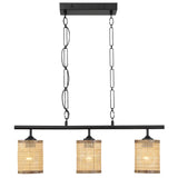 Elysian - 3 Lights Island With Natural Shade Farmhouse Chain Ceiling Lamp - Black / Rattan
