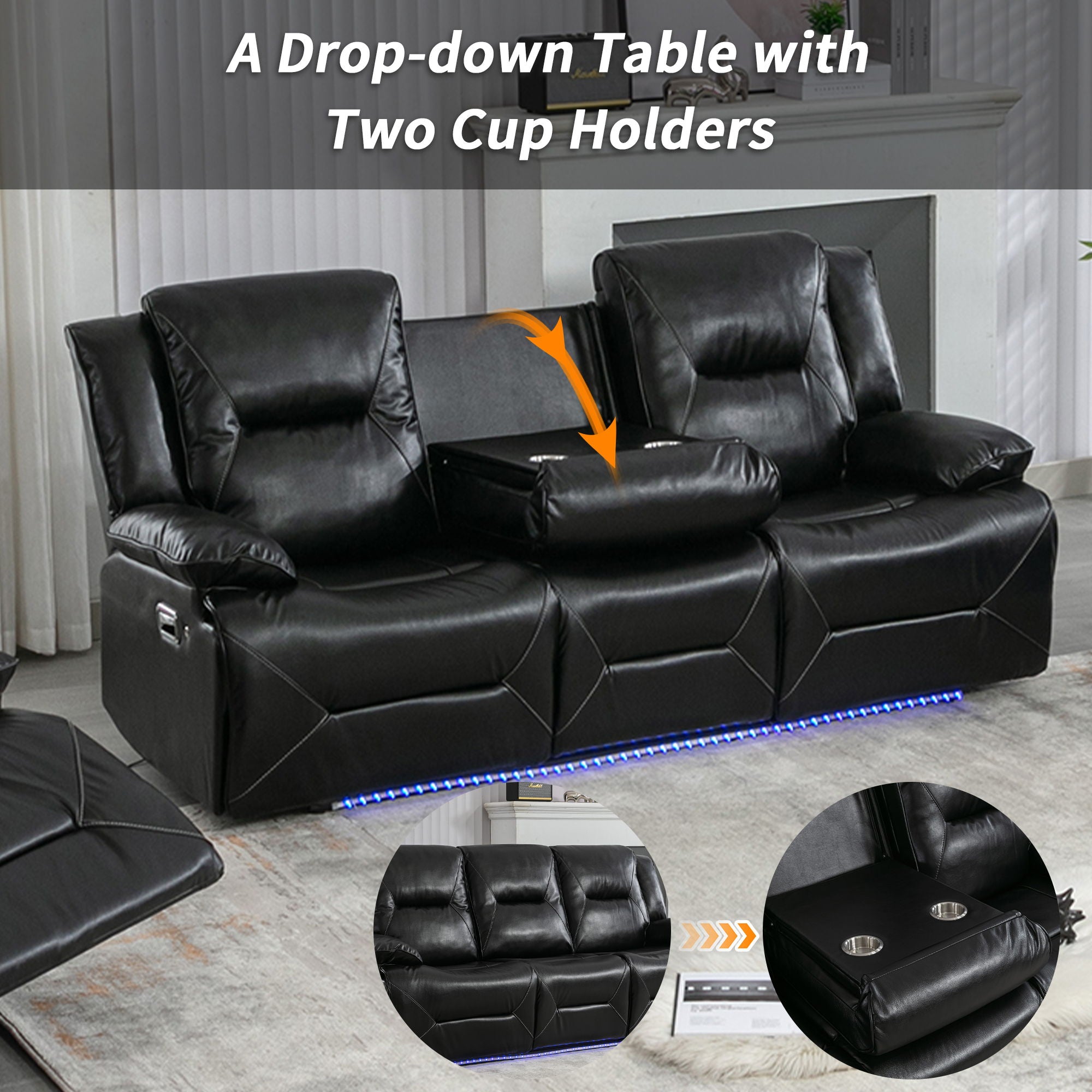 Home Theater Recliner Set Manual Recliner Chair With A Led Light Strip Two Built-In Cup Holders For Living Room