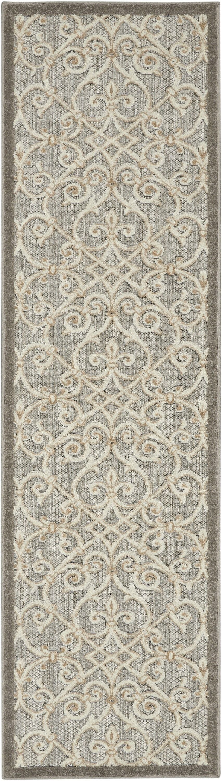 2' X 8' Floral Indoor / Outdoor Area Rug - Gray / Ivory