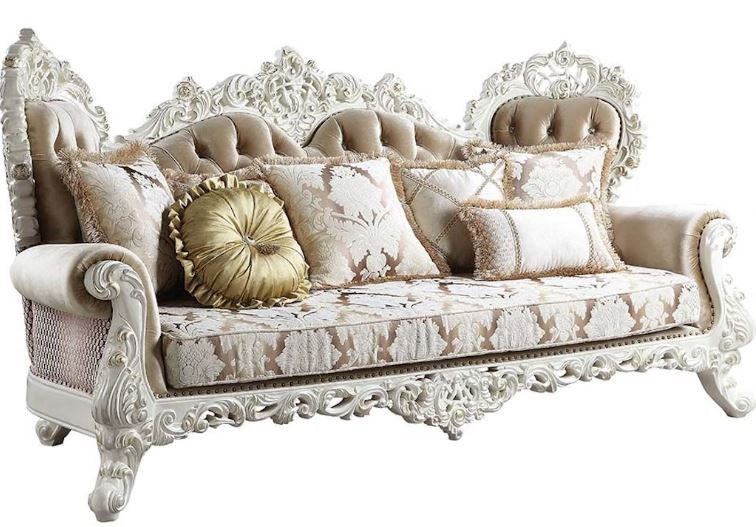 Fabric Polyester Damask Sofa And Toss Pillows With Legs - White