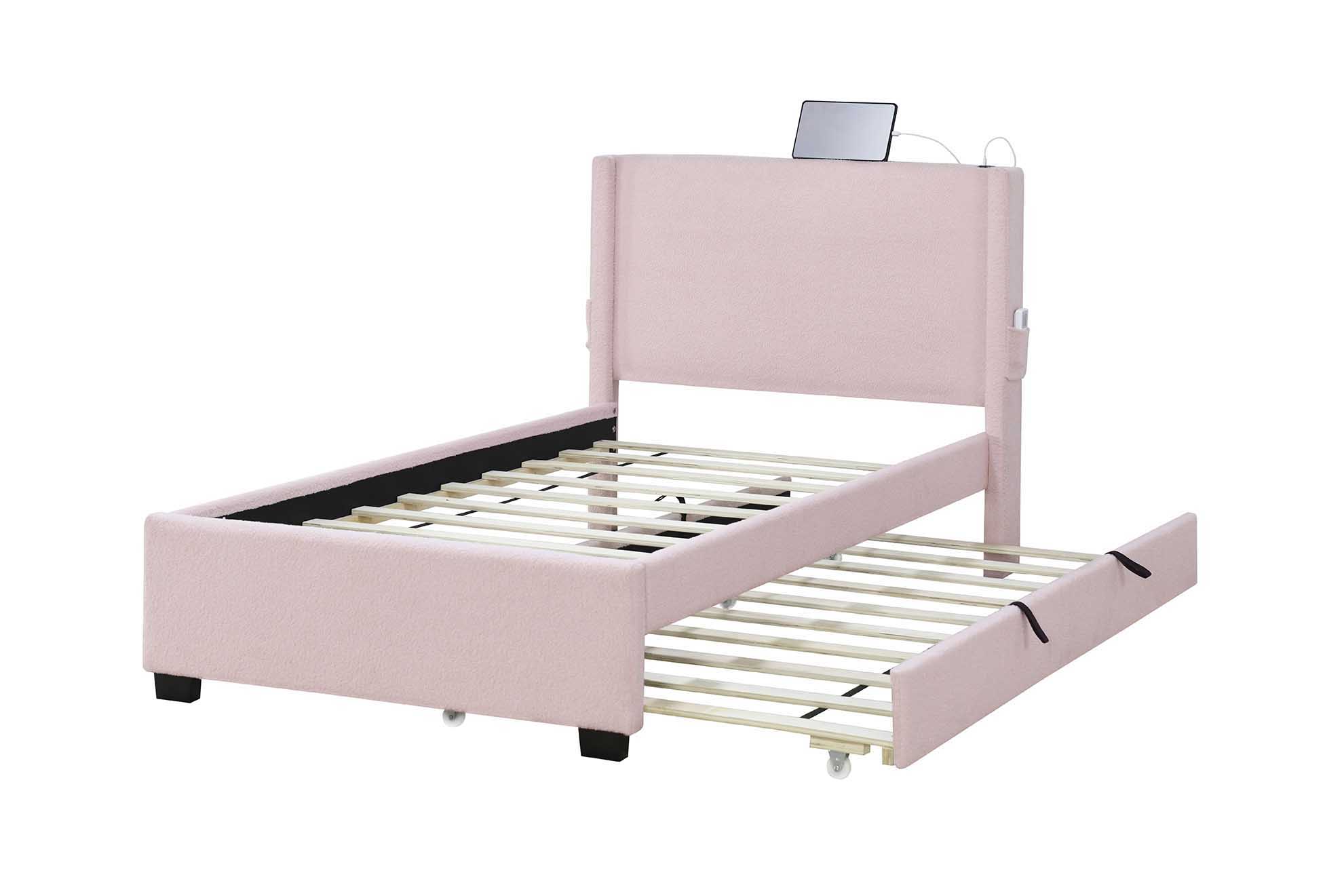 Twin Size Upholstered Bed Frame With Trundle Bed, Teddy Fabric, USB Functionality, And A Pocket Design On The Side Of The Headboard For Storing Small Items - Baby Pink