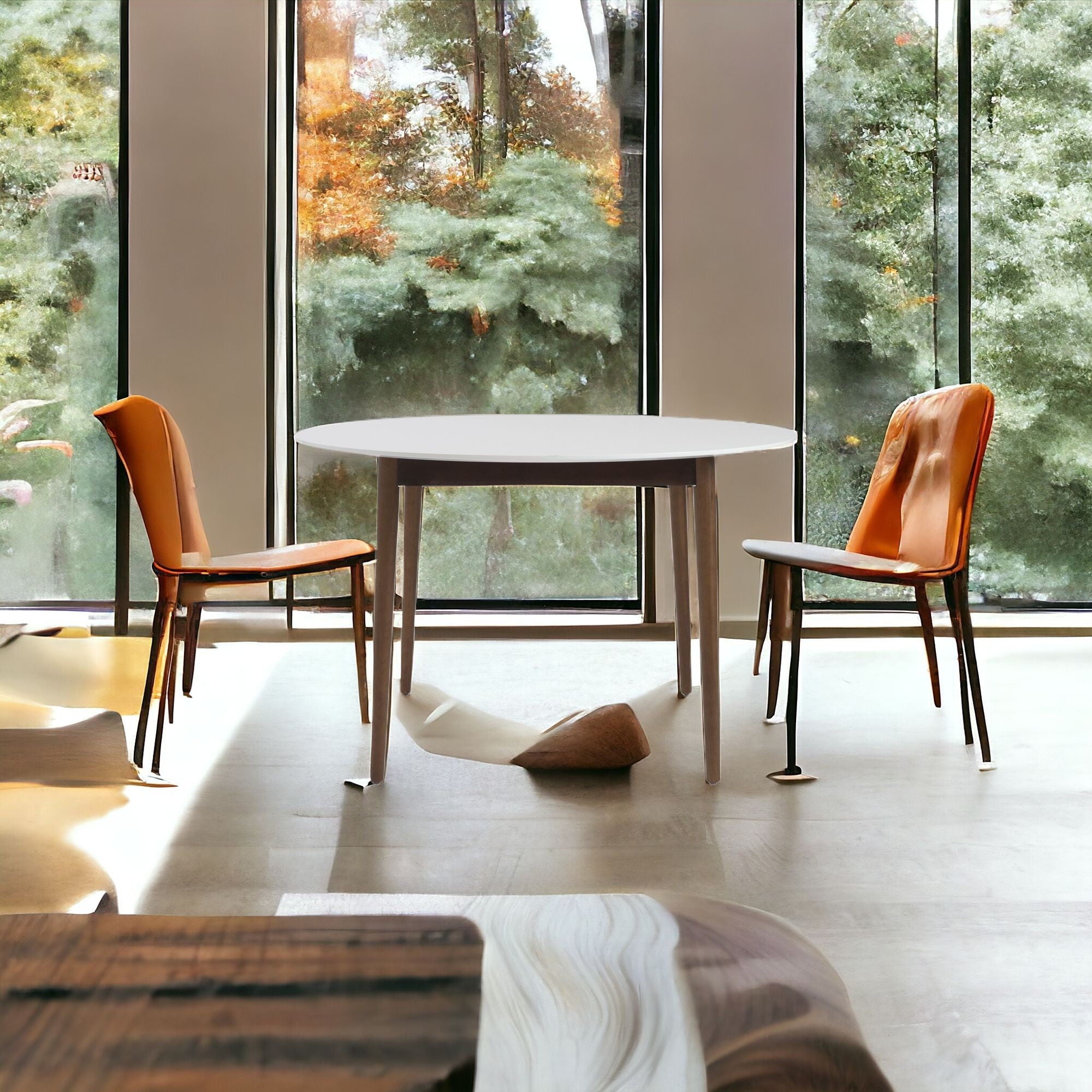 Rounded Dining Table - White / Brown