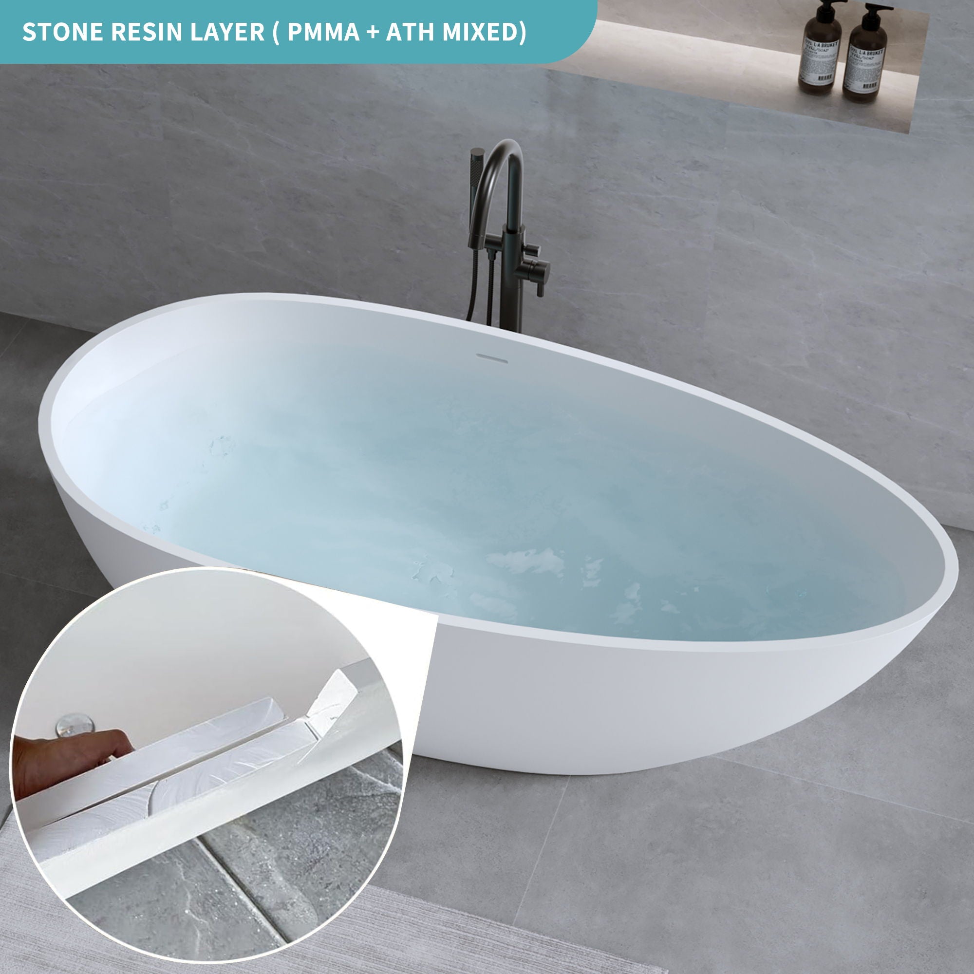 Solid Surface Matte Tub, Freestanding Solid Surface Resin Stone Bathtub, Solid Surface Matte White Soaking Tub, Free Standing Tub With Overflow And Pop-Up Drain - Matte White