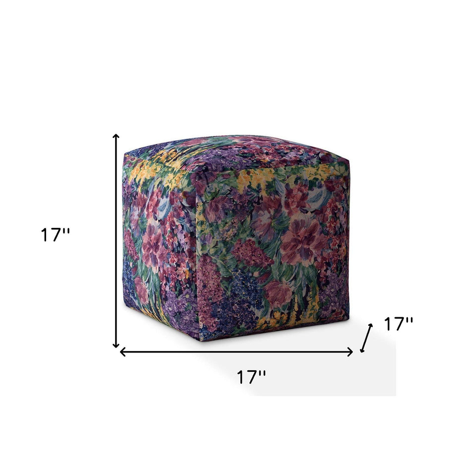 Cotton Floral Pouf Cover - Blue / Green