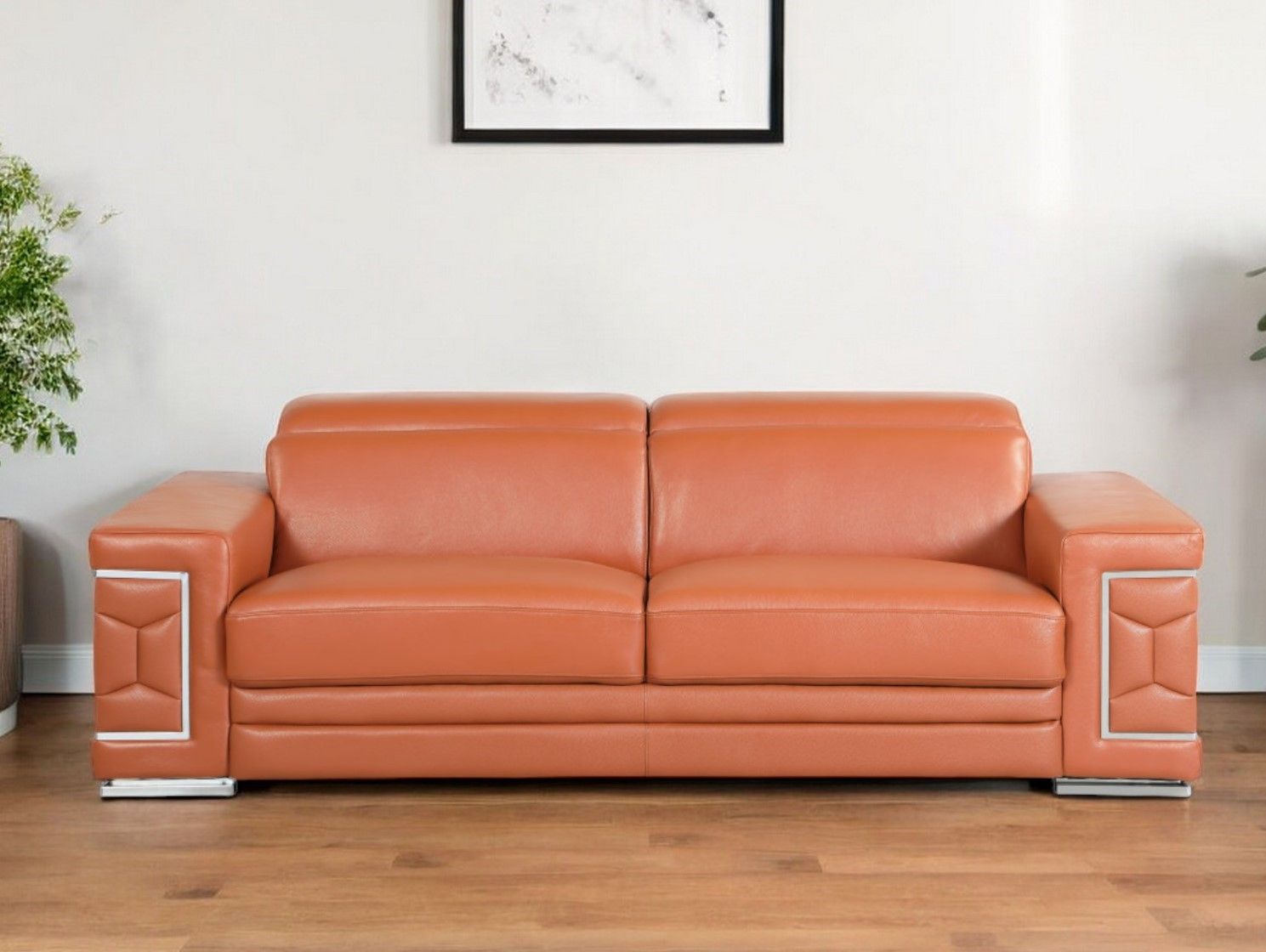 Italian Leather Sofa & Silver Legs - Camel