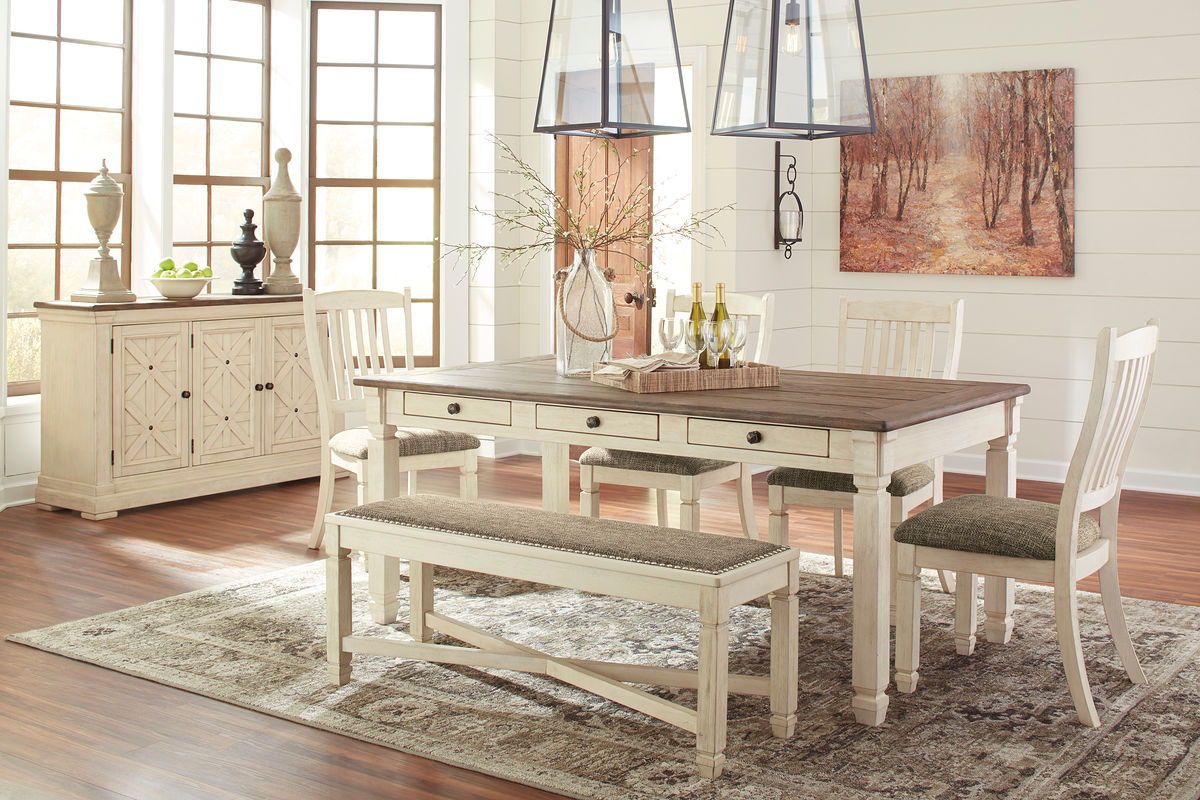 Bolanburg - Rectangular Dining Table Set Beige 7 Pc. - Rectangular Dining Room Table, 4 Upholstered Side Chairs, Upholstered Dining Room Bench, Dining Room Server by Signature Design by Ashley® | Bel Furniture