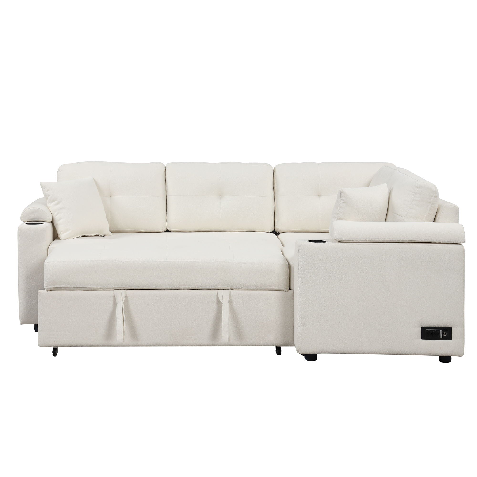 L-Shape Sofa Bed Pull-Out Sleeper Sofa With Wheels, USB Ports, Power Sockets For Living Room