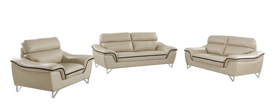 Three Piece Genuine Leather Indoor Six Person Seating Set - Beige