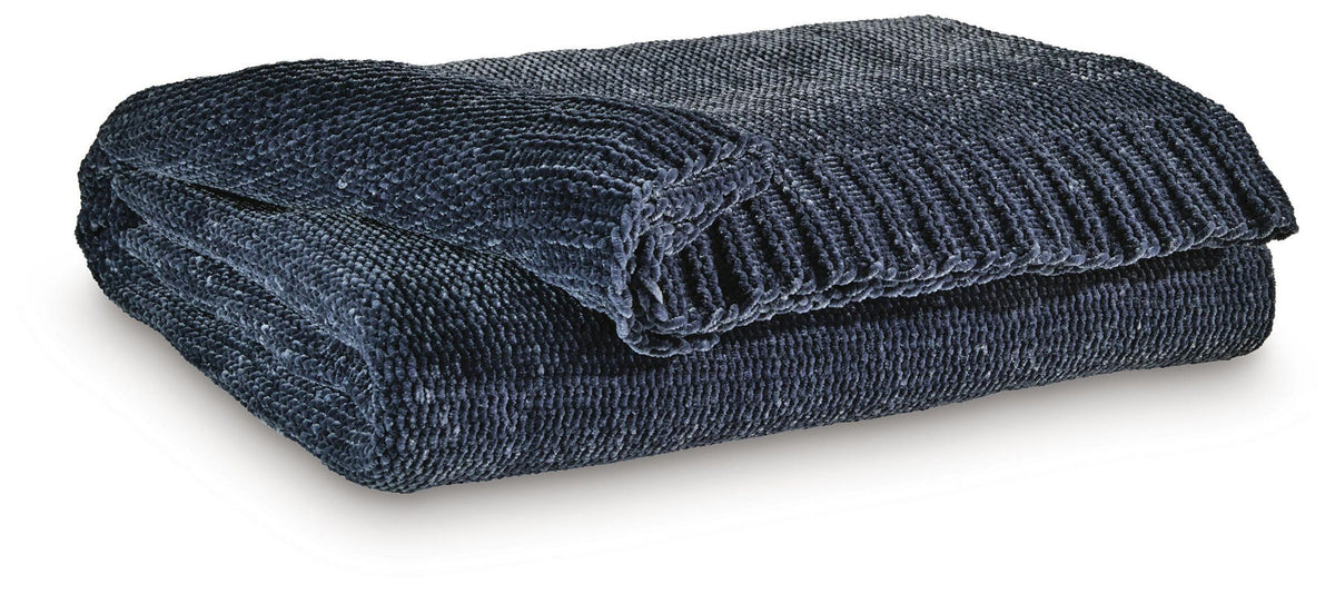Dark blue textured knit throw blanket folded display - Signature Design by Ashley