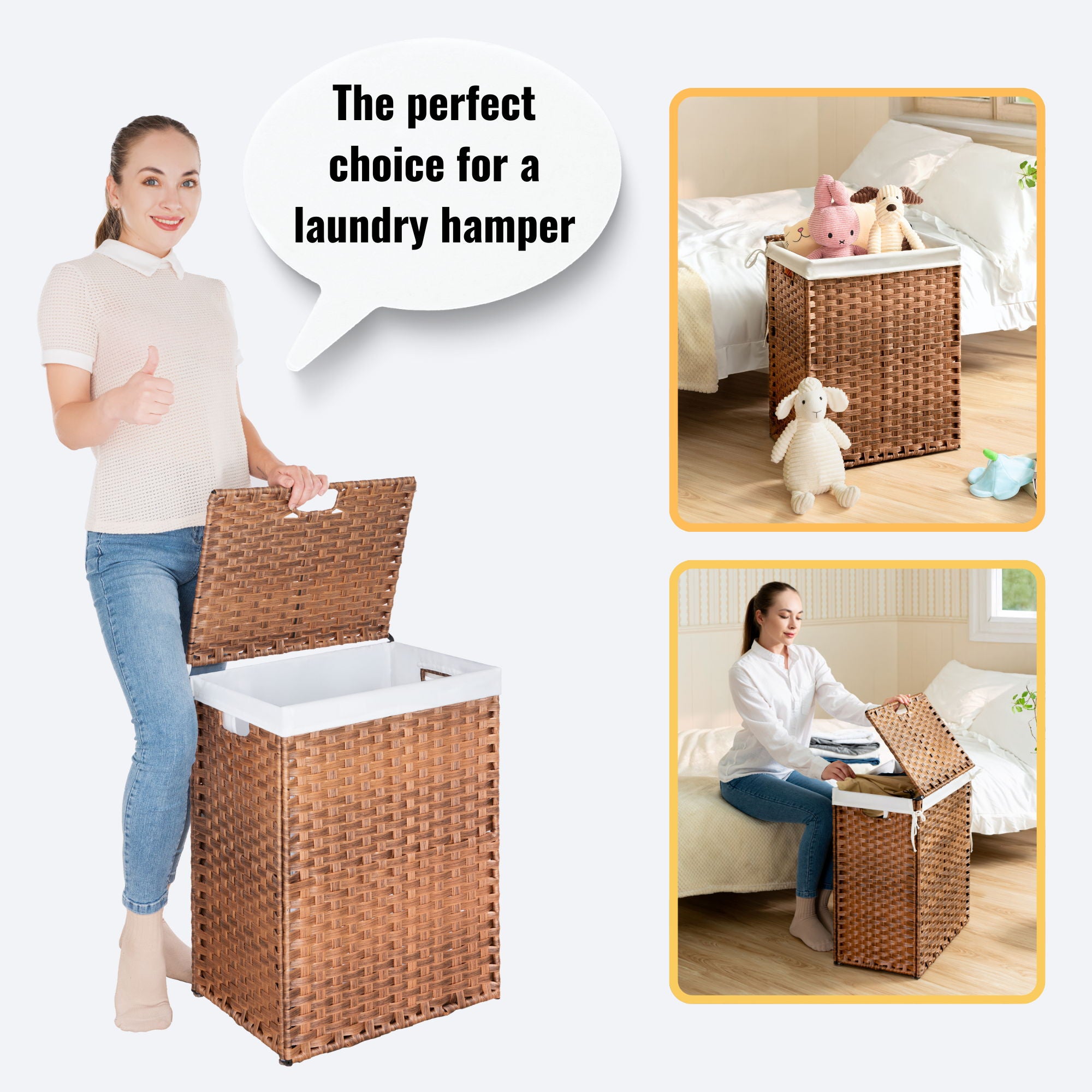 Laundry Hamper With Lid PE Rattan Powder Coating Frame Clothes Hampers With 2 Removable Bags