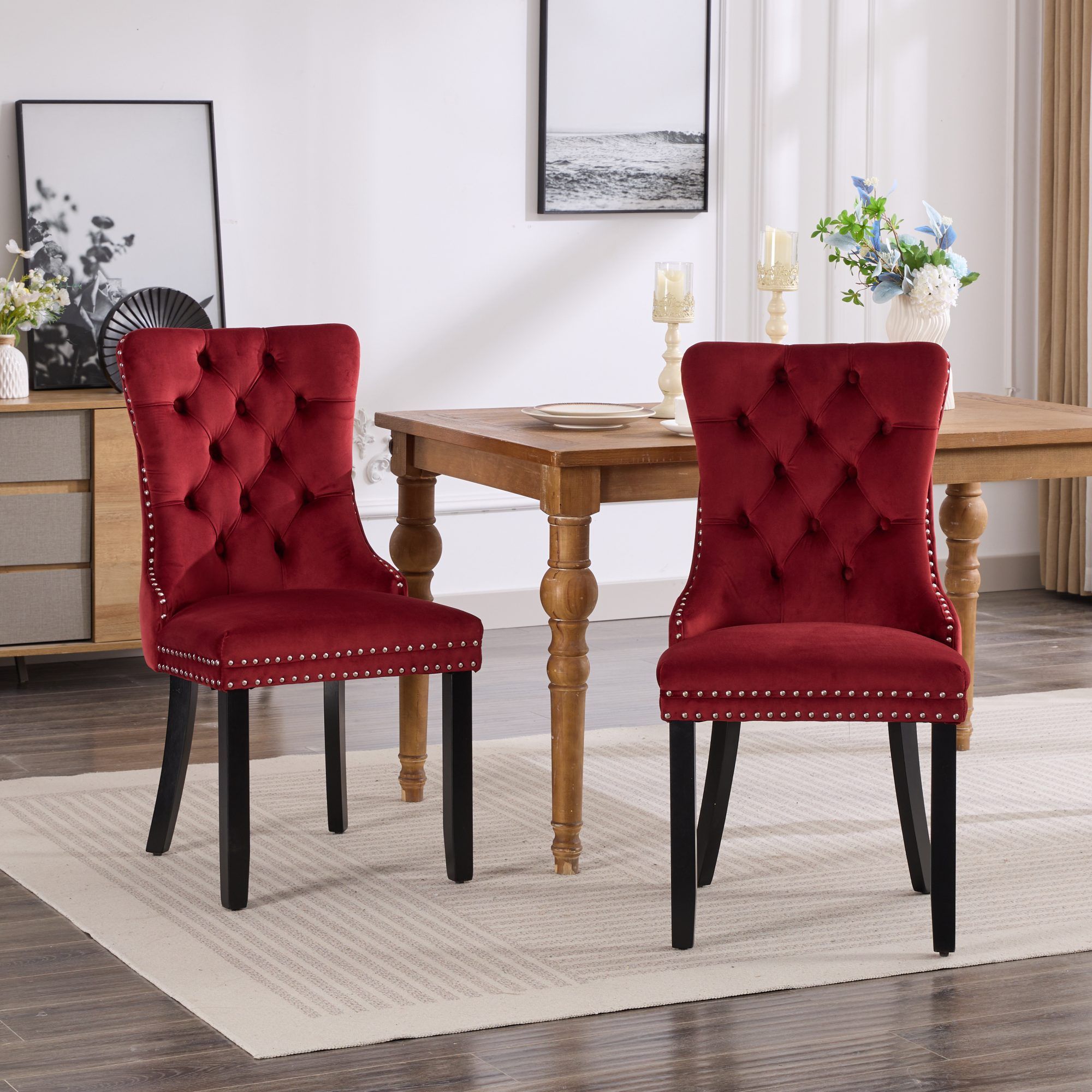 Classic Velvet Dining Chairs, High-End Tufted Solid Wood Contemporary Velvet Upholstered Dining Chair With Wood Legs Nailhead (Set of 2) - Burgundy