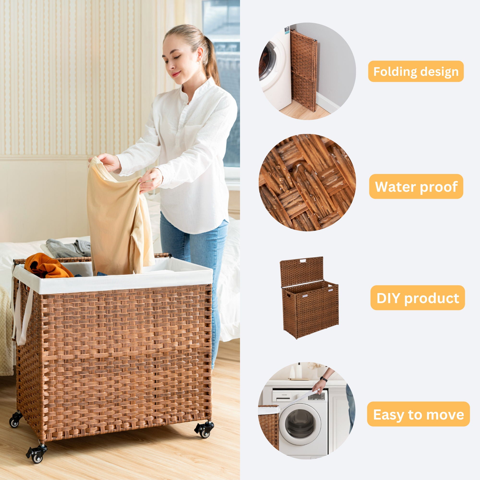 Laundry Hamper With Lid PE Rattan Powder Coating Frame Clothes Hampers With 2 Removable Bags