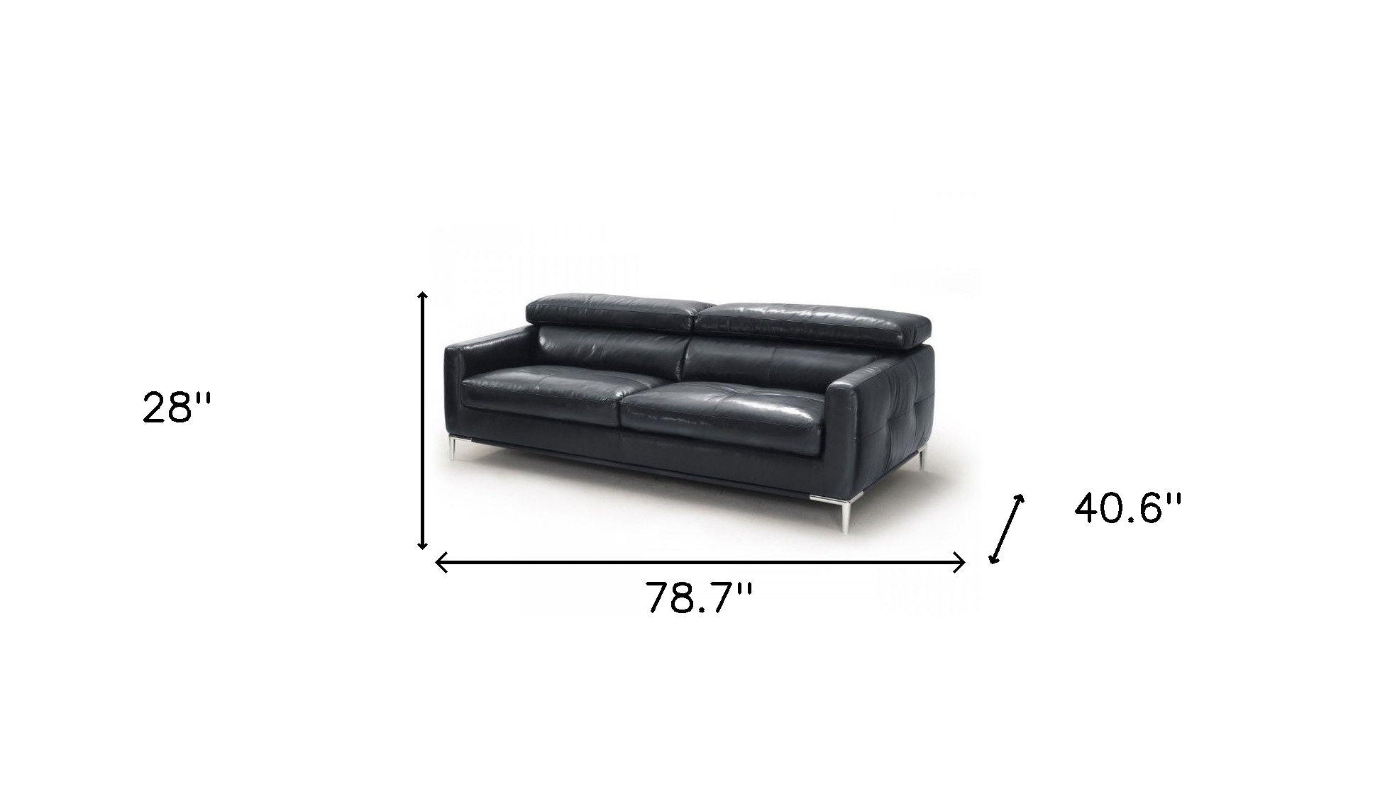 Genuine Leather Sofa With Silver Legs - Black