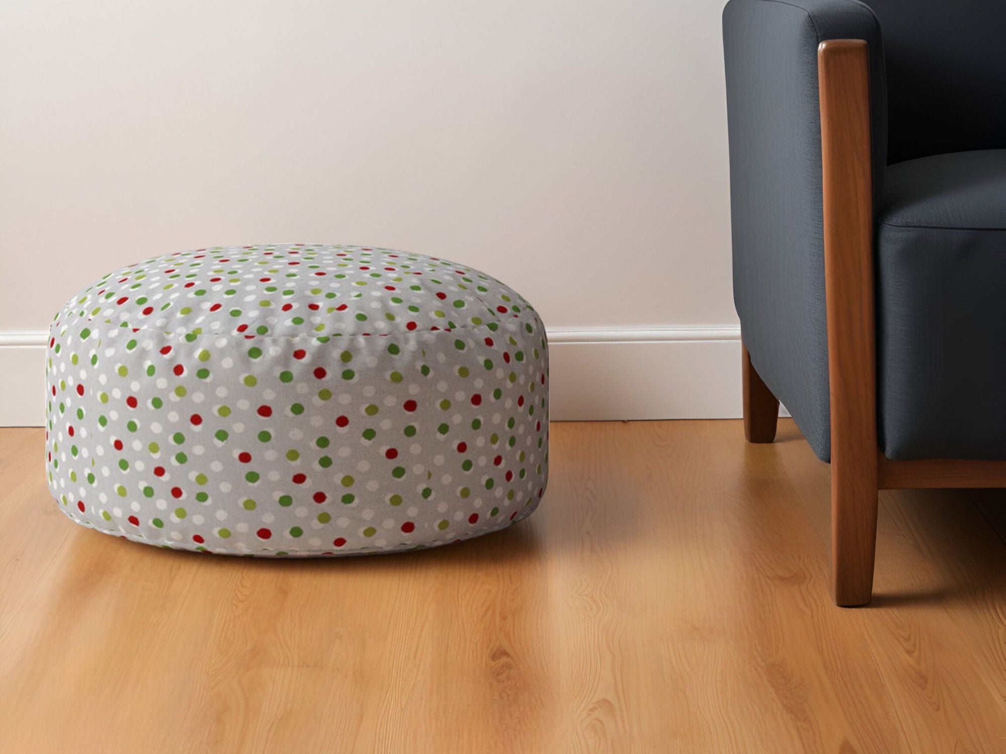 Cotton Round Polka Dots Pouf Ottoman - Green