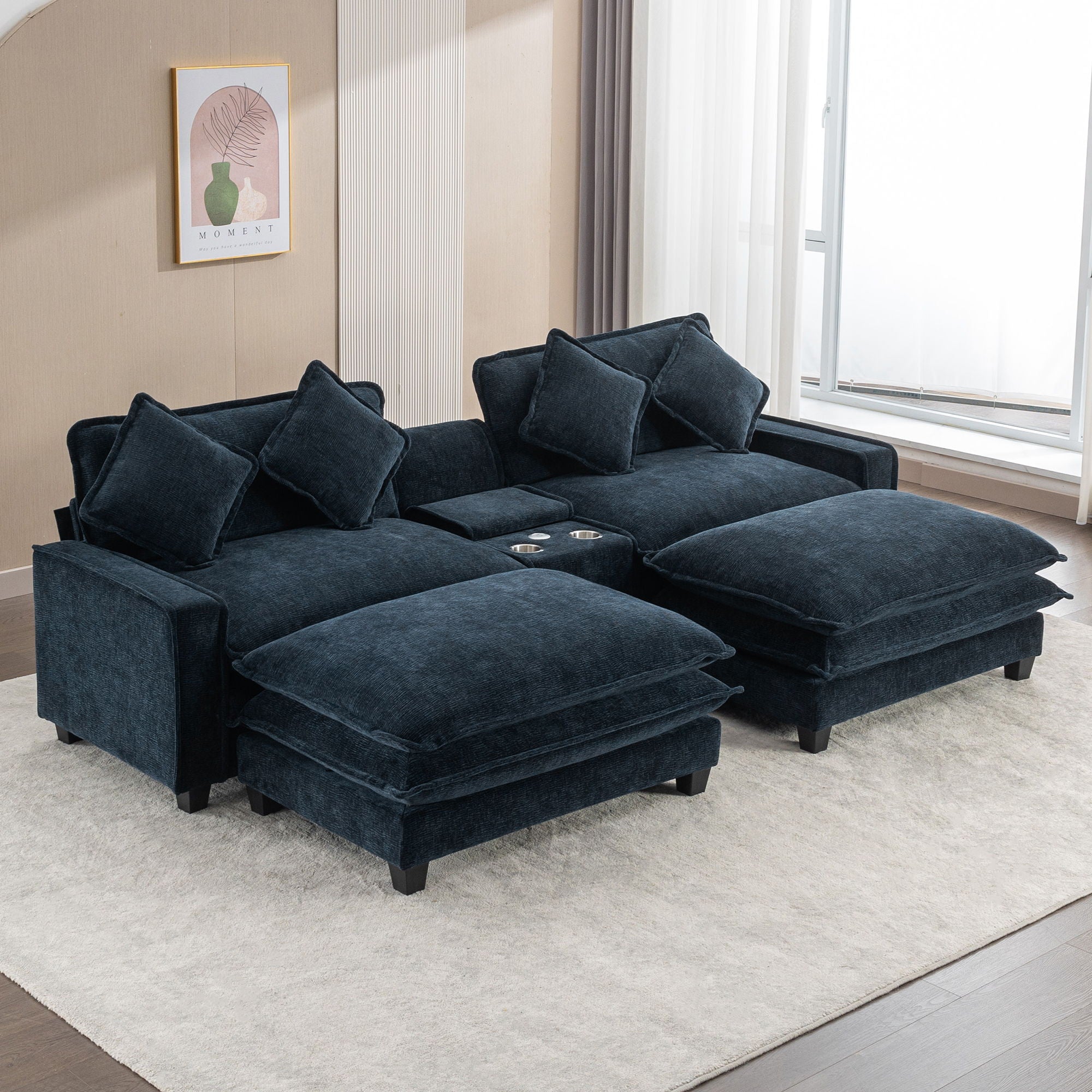 Sectional Sofa Chenille Upholstered Sofa With Two Removable Ottoman, Two USB Ports, Two Cup Holders And Large Storage Box For Living Room