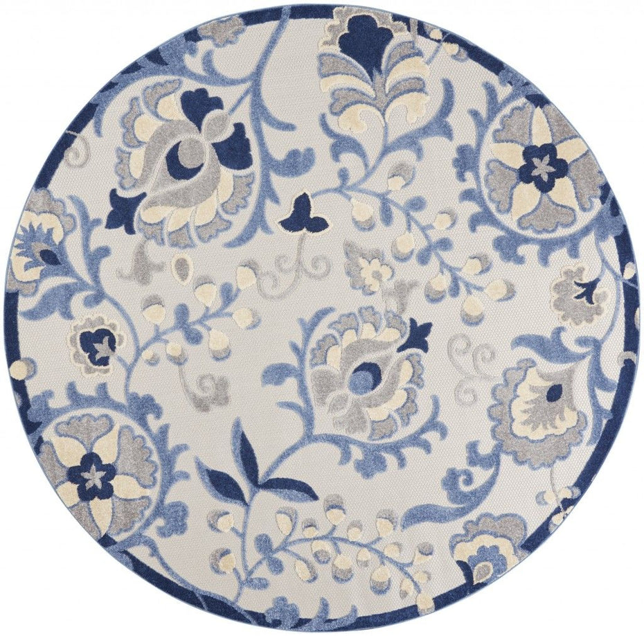 8' Round Round Floral Outdoor & Indoor Area Rug - Blue / Gray