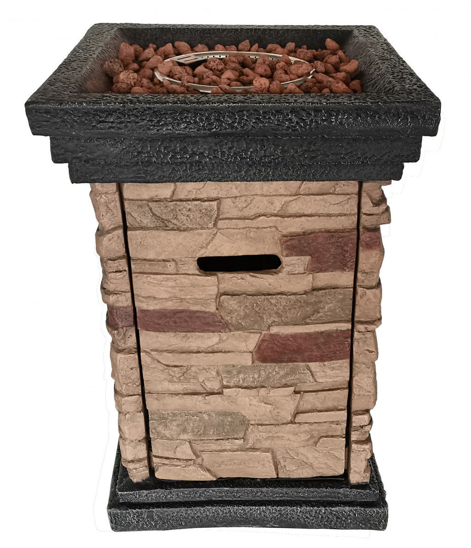 Stone Stacked Outdoor Gas Fire Pit With Lava Rocks - Brown