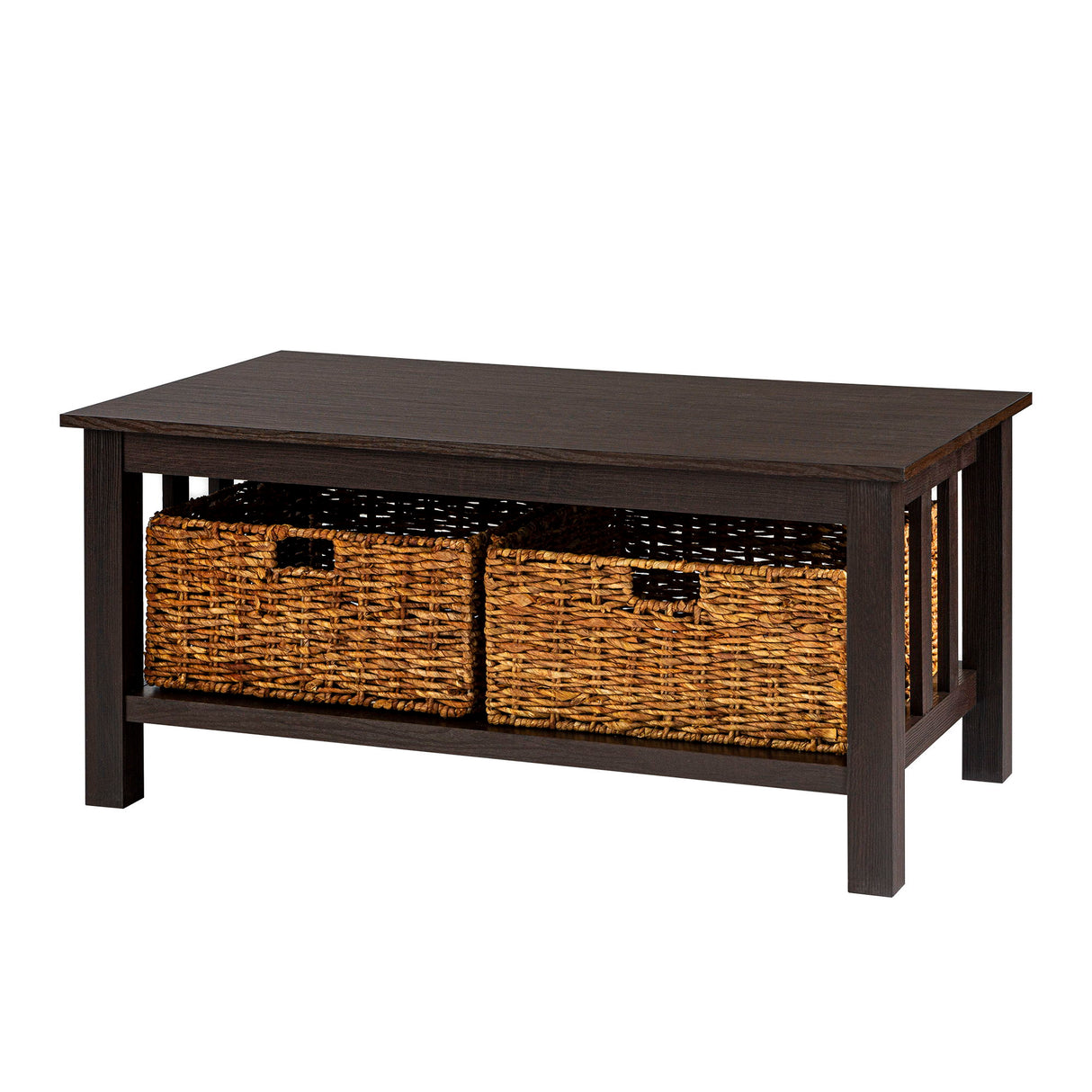 Coastal Coffee Table With Lower Shelf And Faux Rattan Baskets - Espresso by Walker Edison | Bel Furniture