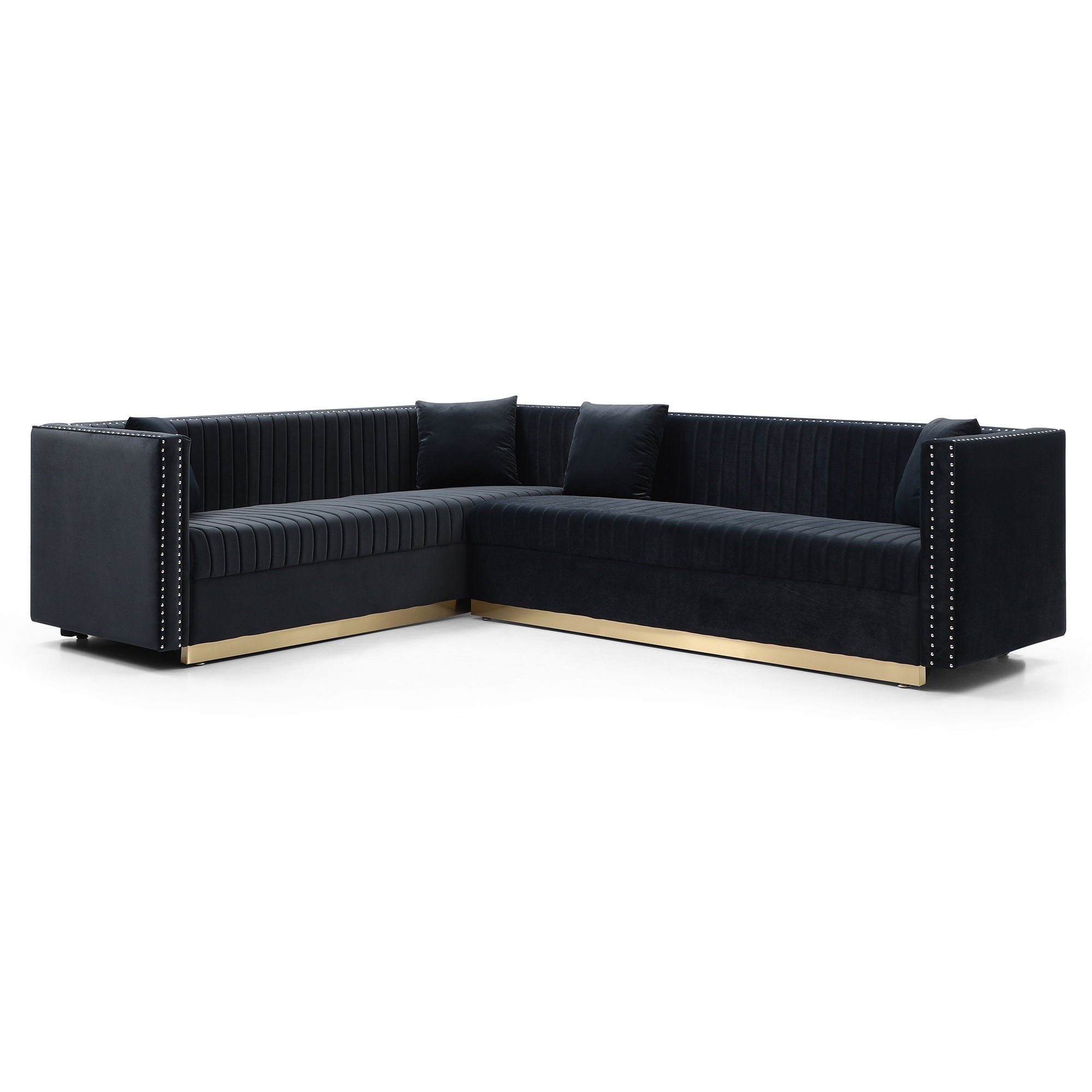 Contemporary Vertical Channel Tufted Velvet Sectional Sofa For Living Room With 4 Pillows