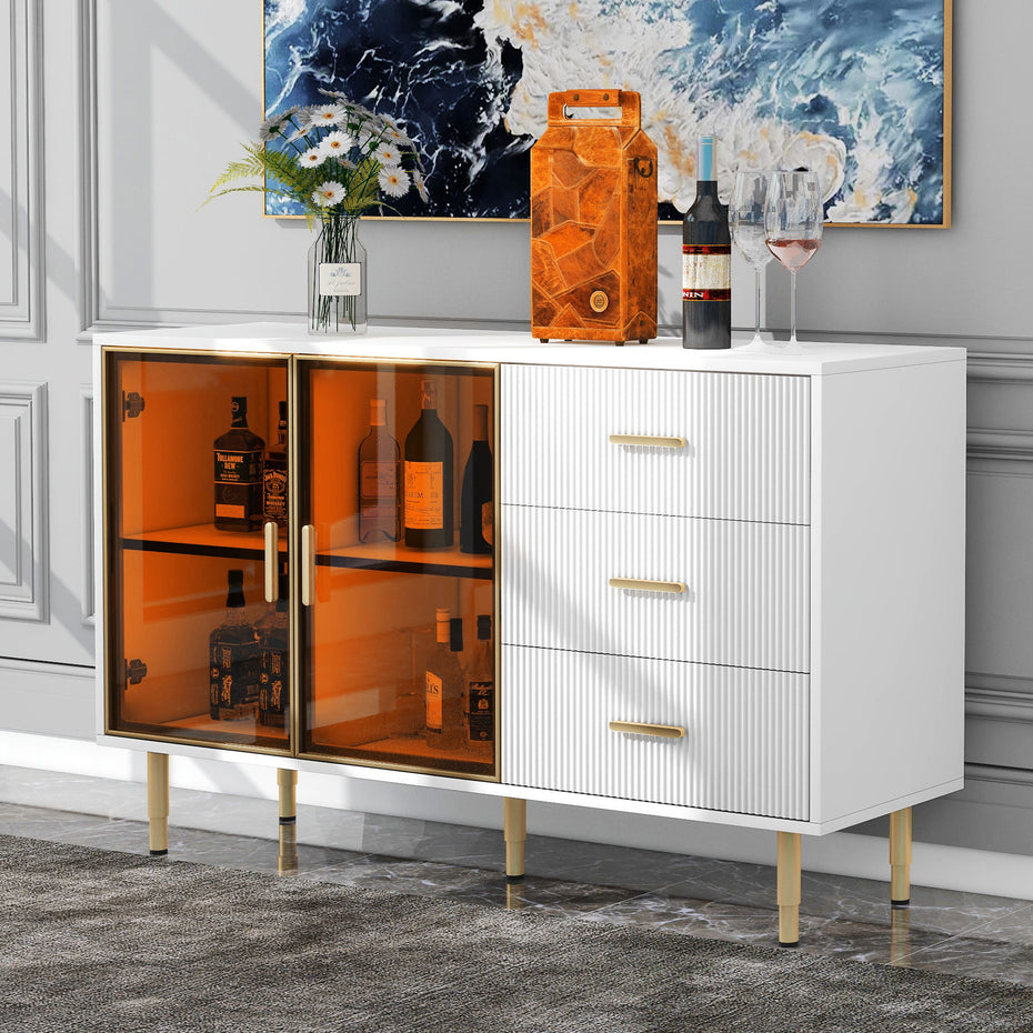 Modern Sideboard Buffet Cabinet Marble Sticker Tabletop And Amber-Yellow Tempered Glass Doors With Gold Metal Legs & Handles