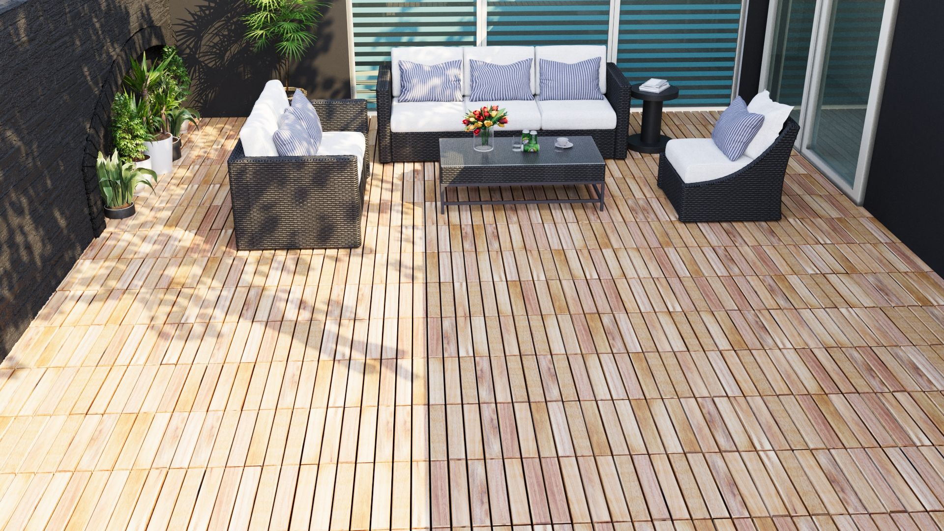 Interlocking Deck Tiles Striped Pattern, Square Acacia Hardwood Outdoor Flooring For Patio, Bancony, Pool Side