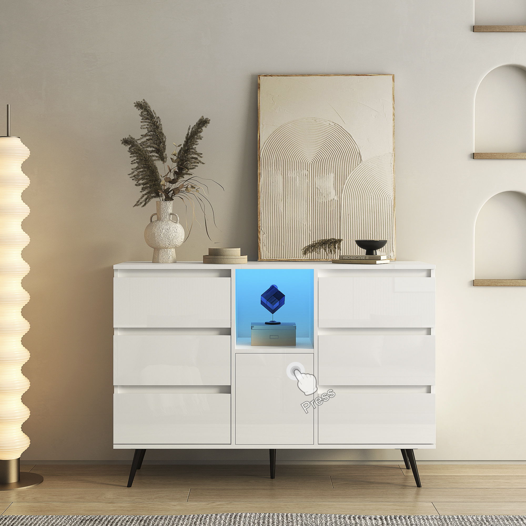 Living Room Sideboard Storage Cabinet With LED Light, Modern Kitchen Unit Cupboard Buffet Wooden Storage Display Cabinet - White