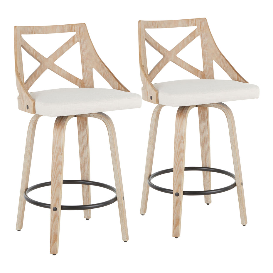 Charlotte - Farmhouse Fixed Height Counter Stool With Swivel (Set of 2) - White Washed / Cream