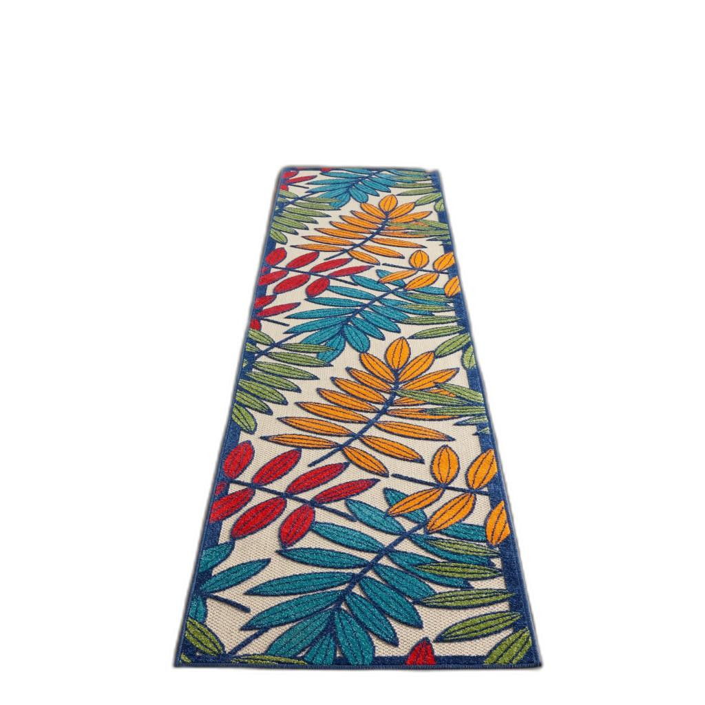 12' Runner Floral Stain Resistant Indoor / Outdoor Runner Rug - Ivory / Blue