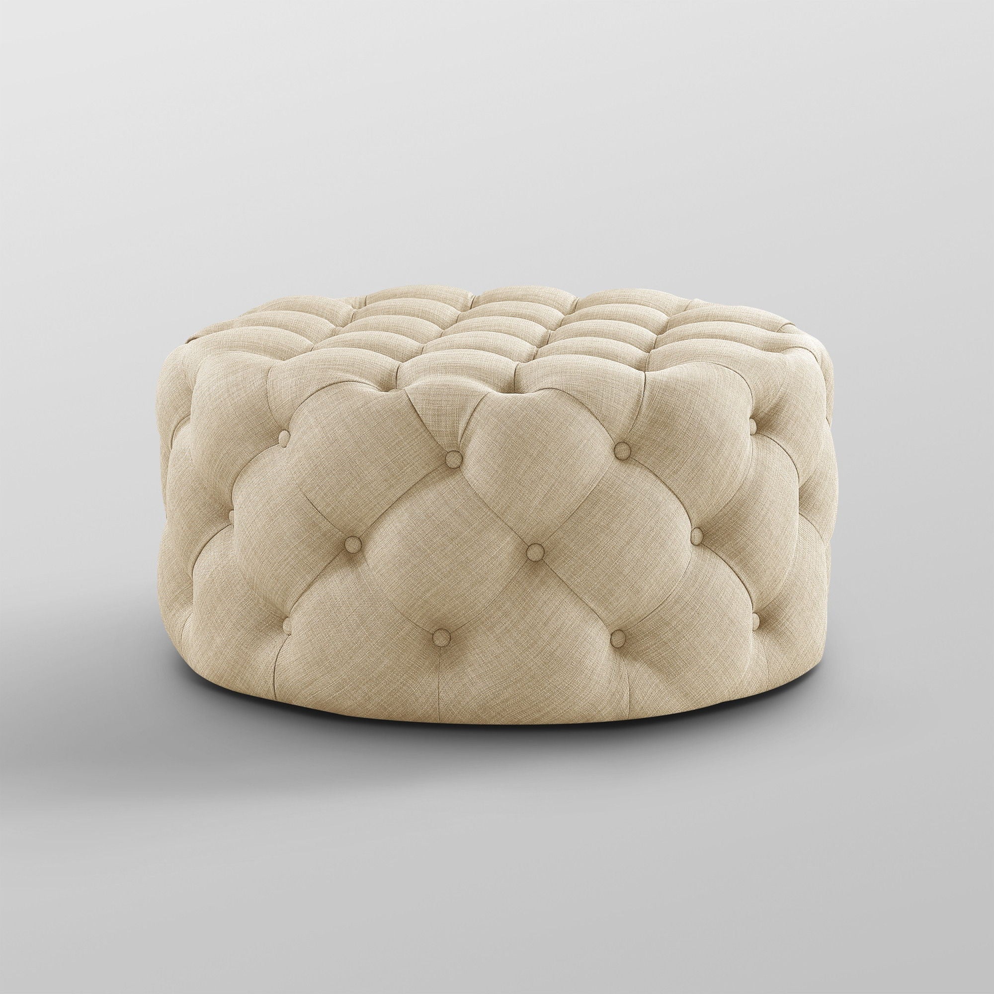 Linen Rolling Tufted Round Cocktail Ottoman - Beige