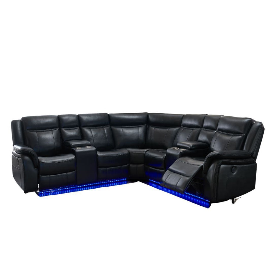 Polyester Blend Power Reclining L Shaped Three Piece Corner Sectional With Console - Black