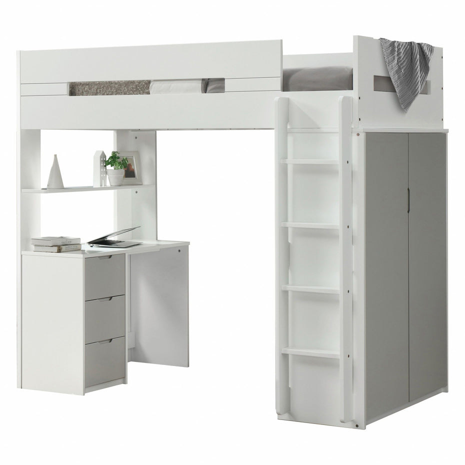 Twin Loft Bed And Desk - White / Gray