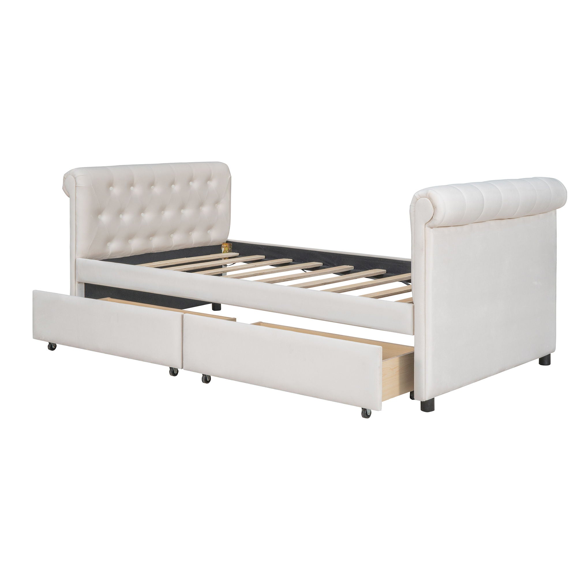 Upholstered Daybed With Drawers, Wood Slat Support