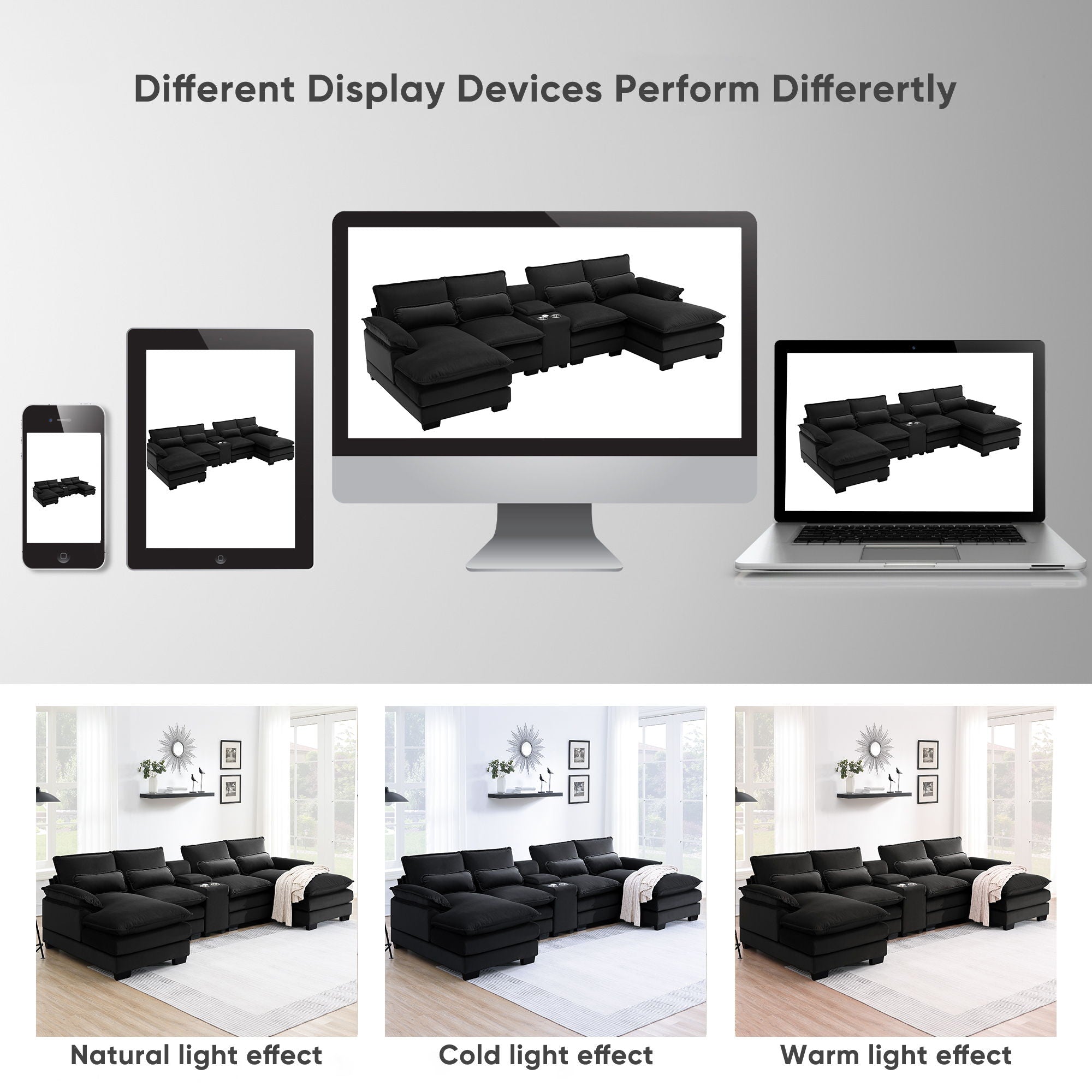 Modern U-Shaped Sofa With Console, Cupholders And USB Ports, 6 Seat Upholstered Symmetrical Indoor Furniture, Sleeper Couch Set With Chaise For Living Room