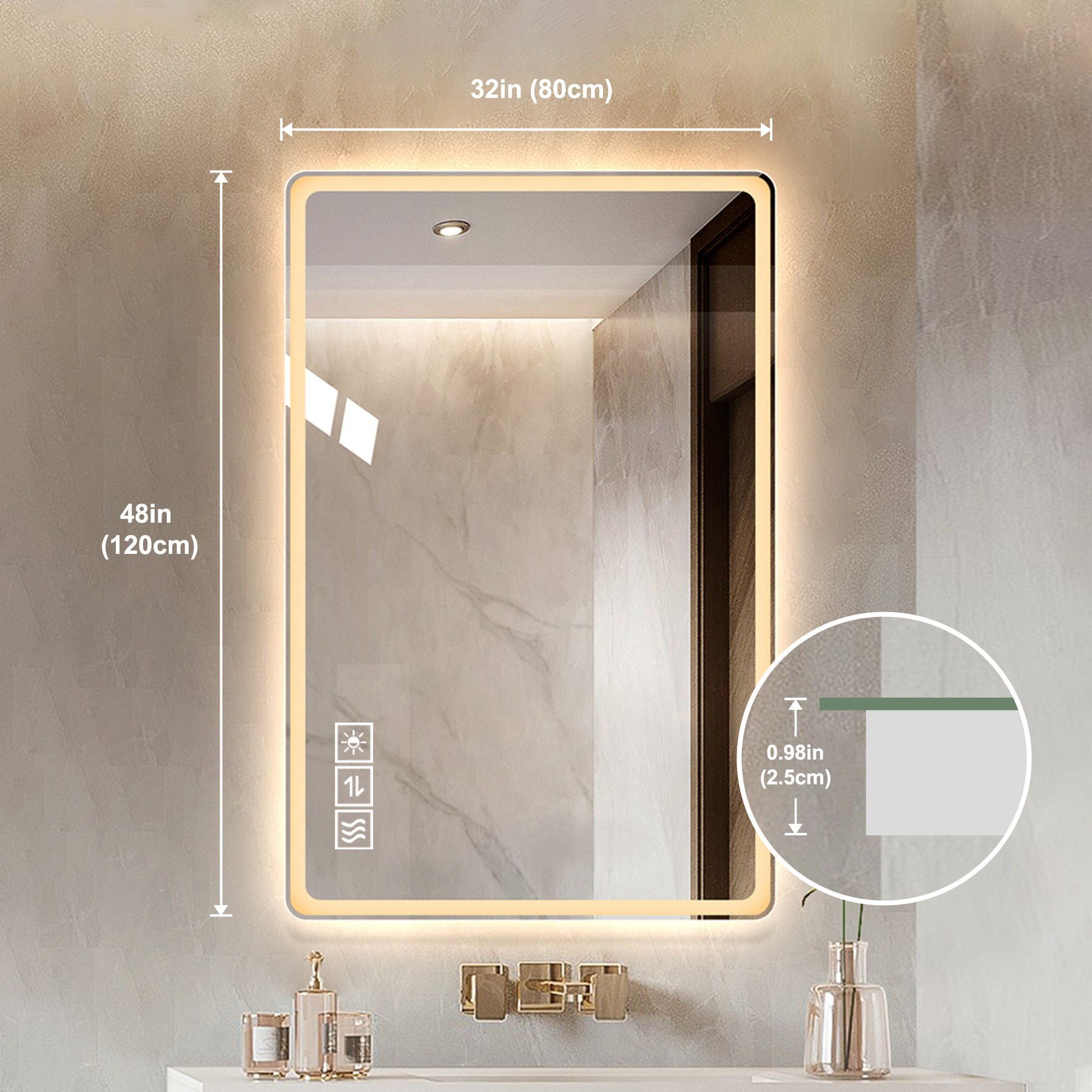 Bathroom Mirror With LED Lights, Anti-Fog Lighted Vanity Mirrors For Wall Mounted And 5 Level Dimmable, Horizontal / Vertical - Clear